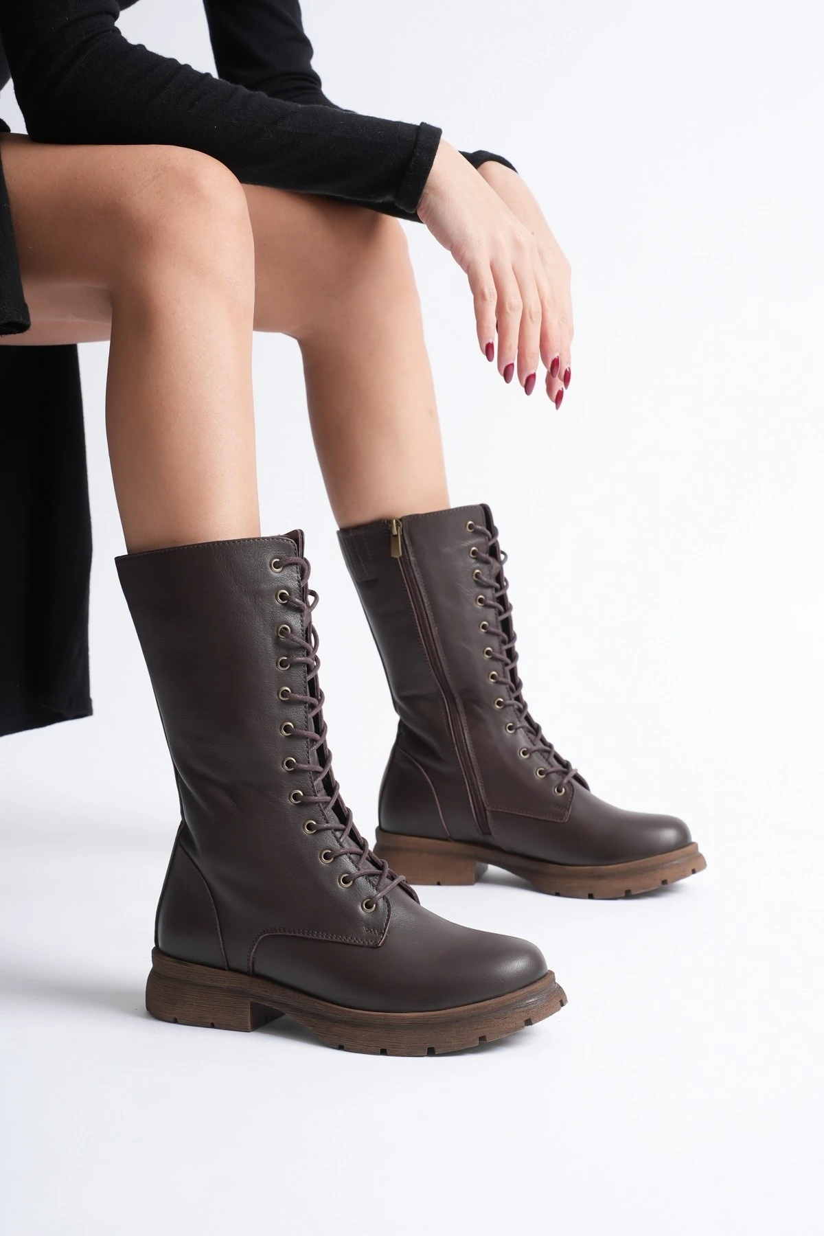 Kadın Hakiki Deri Fermuarlı Bağcıklı Postal Bot - Kahve