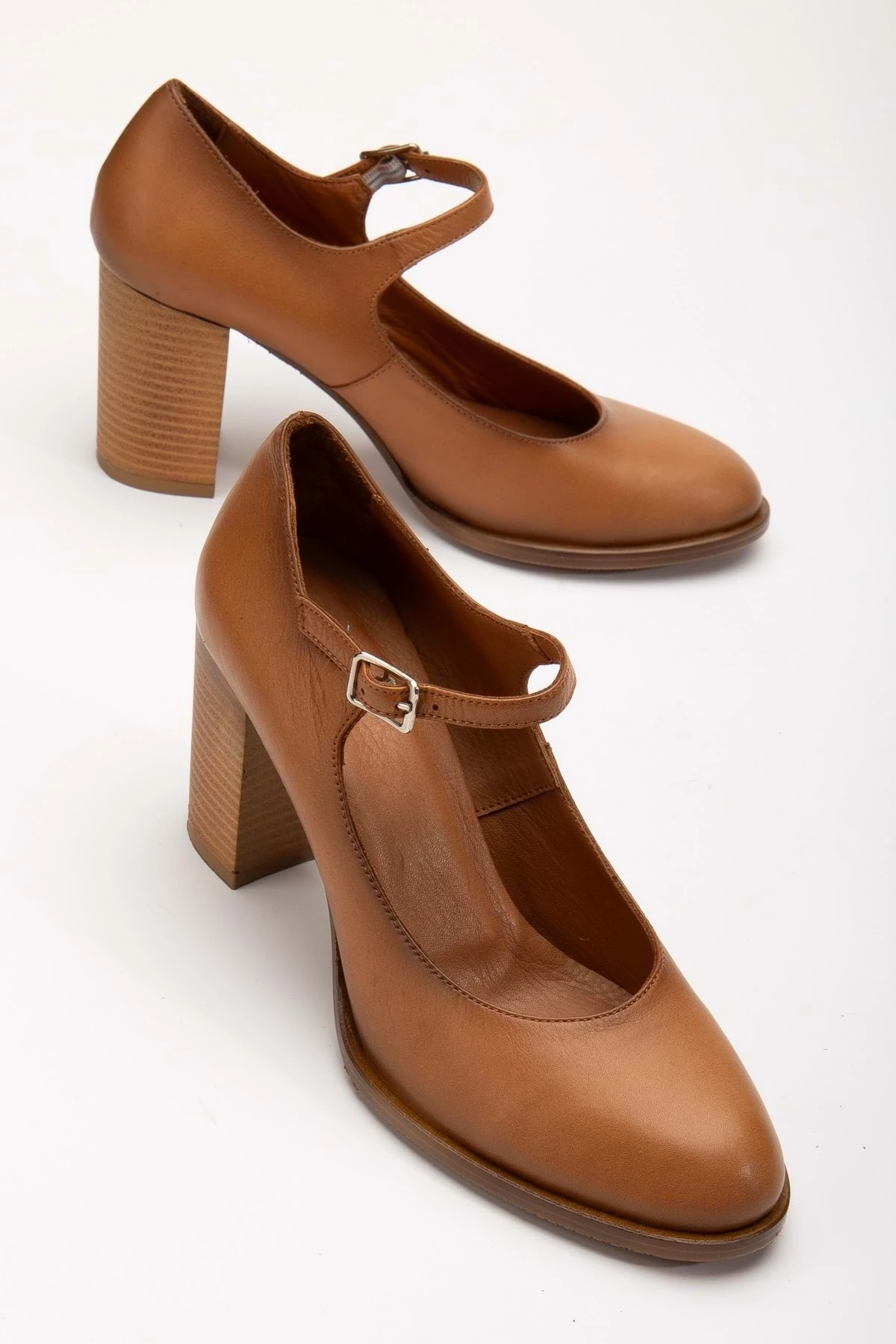 Kadın Hakiki Deri Bantlı Topuklu Ayakkabı - Taba