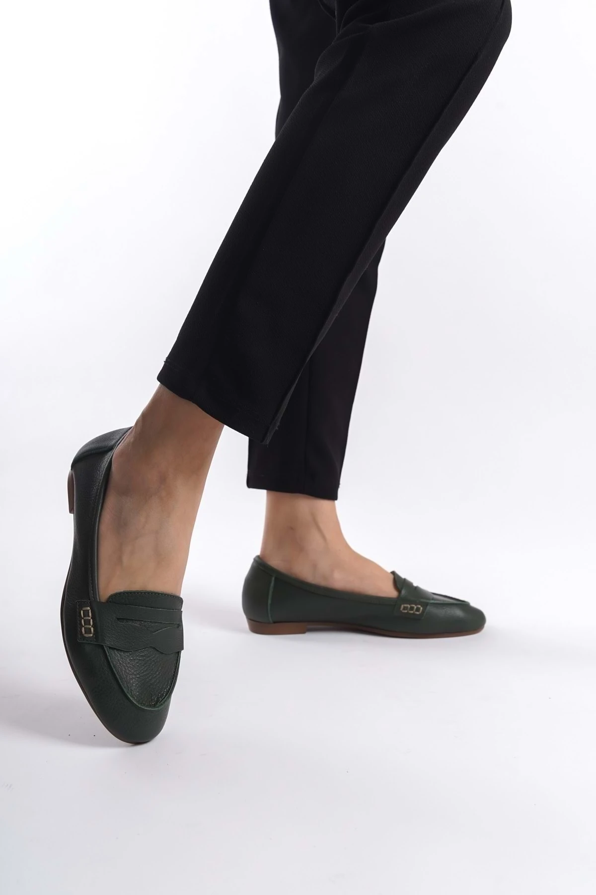 Kadın Hakiki Deri Saraçlı Rahat Babet - Yeşil