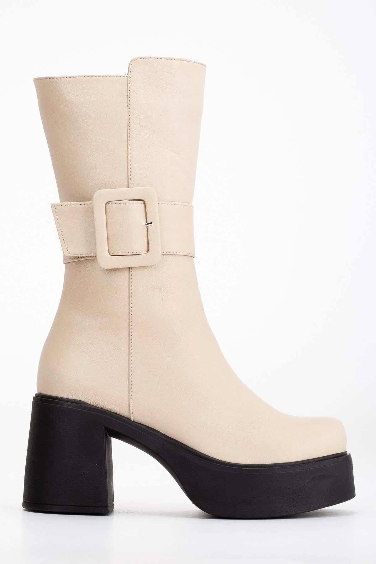 Kadın Hakiki Deri Tokalı Platformlu Kalın Topuklu Çizme