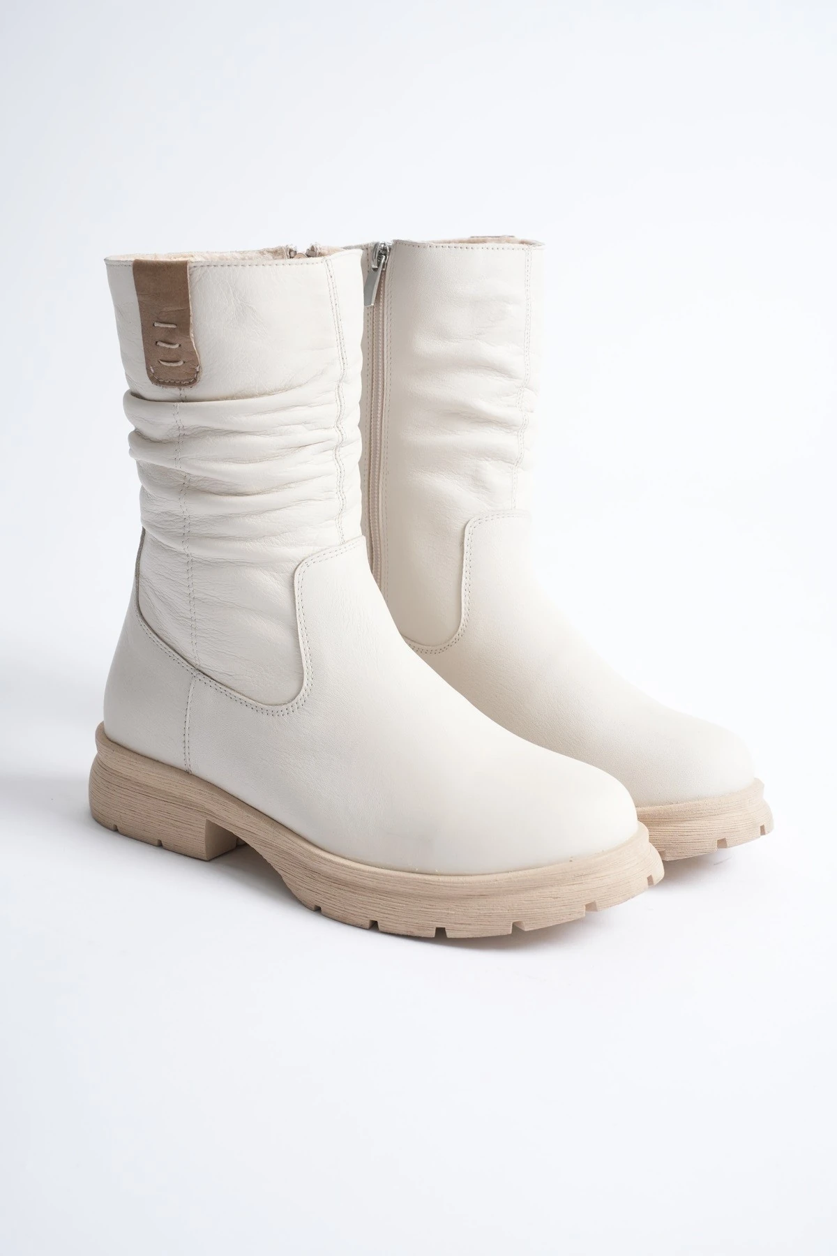 Kadın Hakiki Deri İçi Kürklü Körüklü Bot - Krem