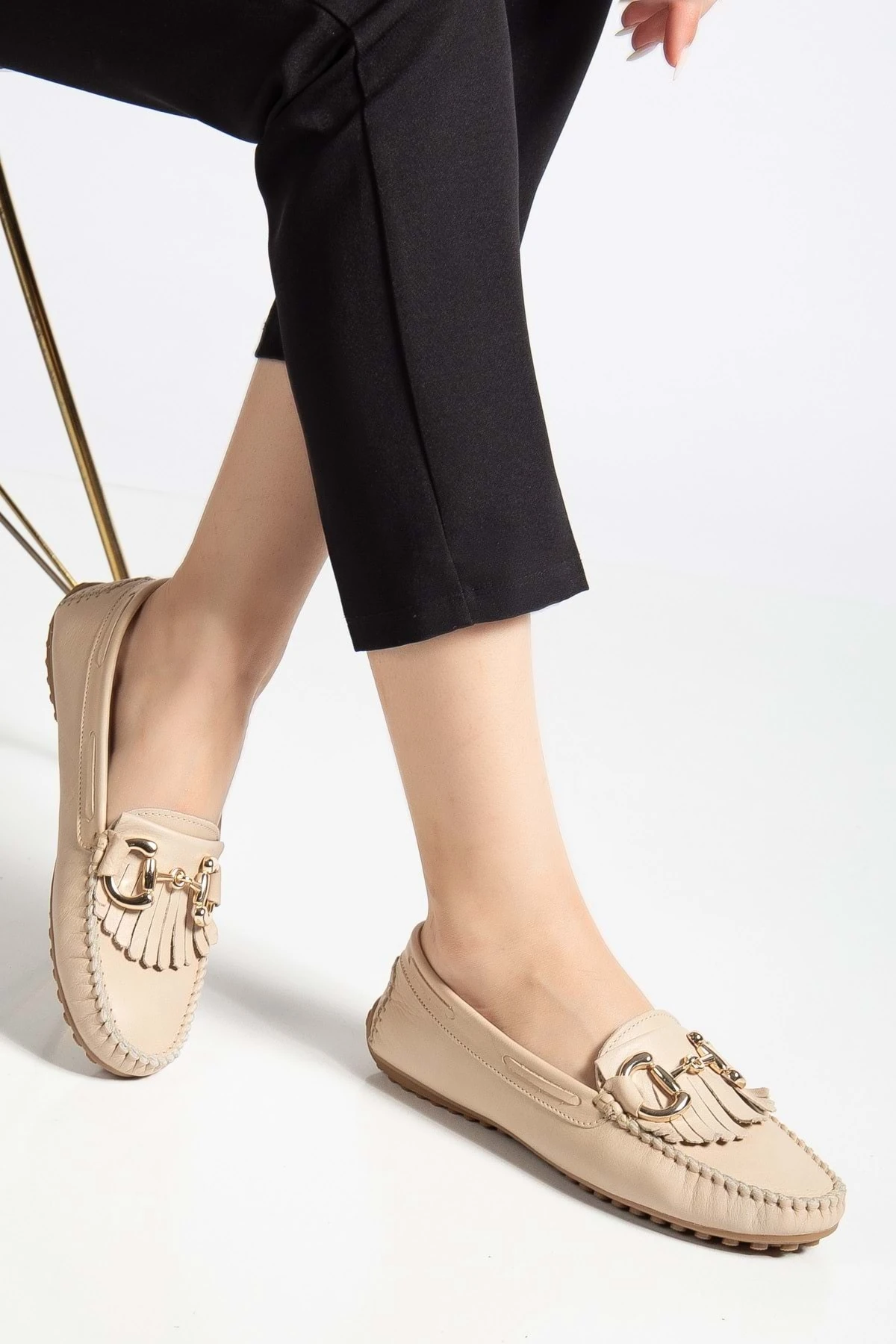 Kadın Hakiki Deri Tokalı Klasik Loafer - Bej