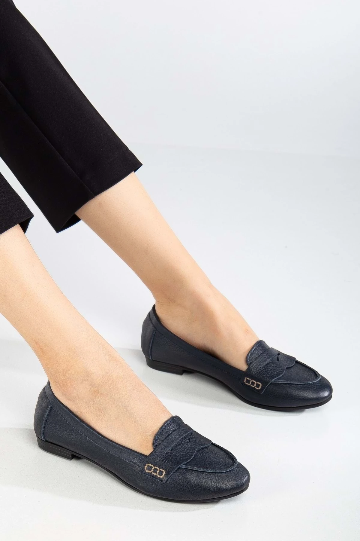 Kadın Hakiki Deri Saraçlı Rahat Babet - LACİVERT