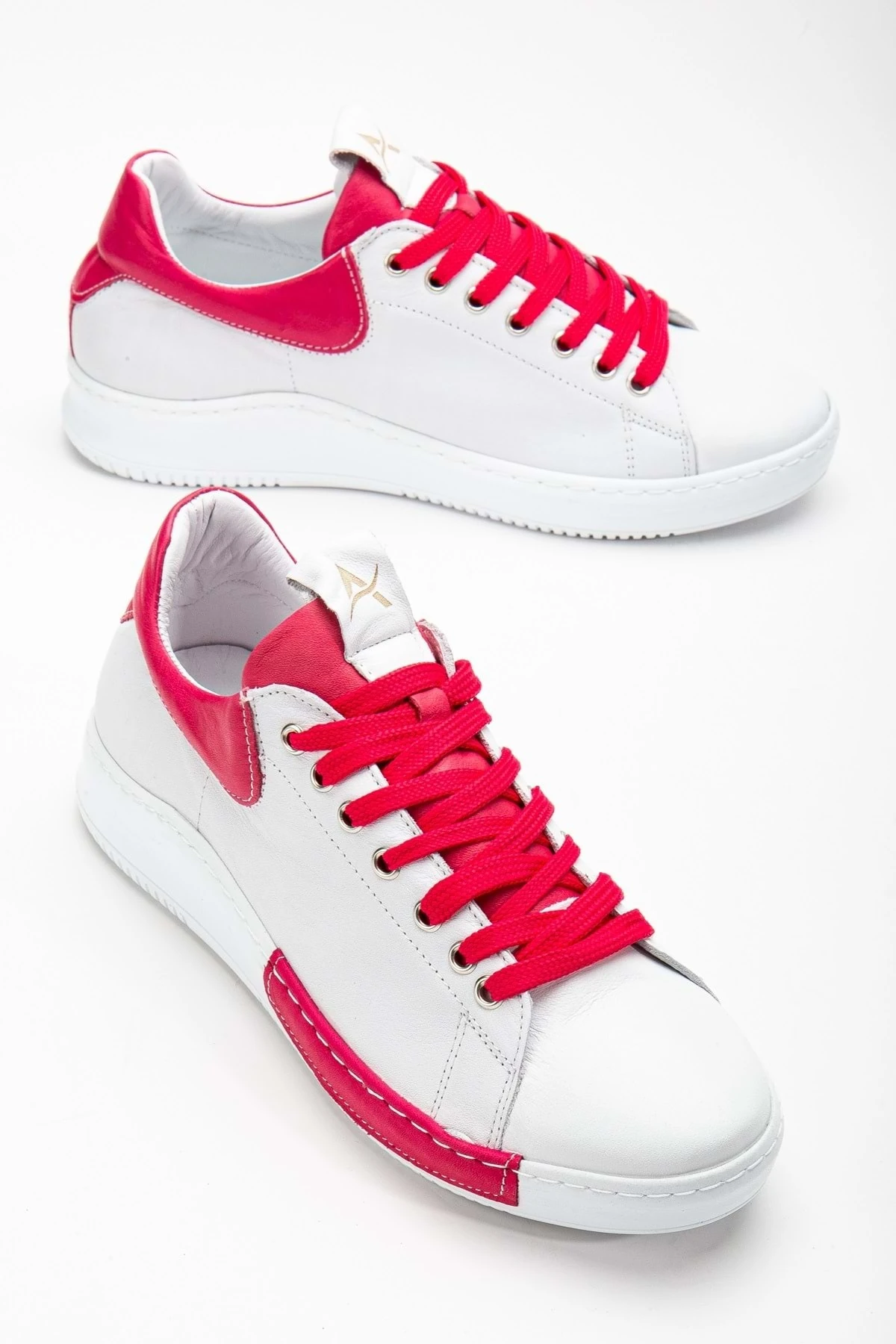 Kadın Hakiki Deri Bağcıklı Spor Ayakkabı - BEYAZ/PEMBE