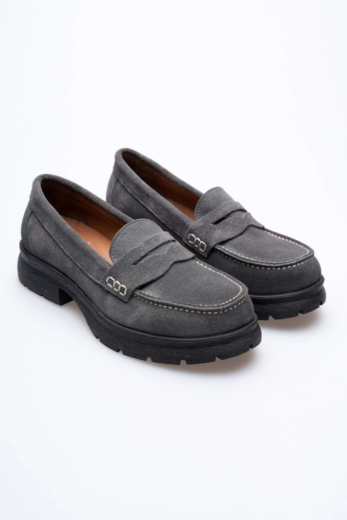 Kadın Hakiki Deri Light Tabanlı Saraçlı Rahat Loafer Ayakkabı - GRİ SÜET