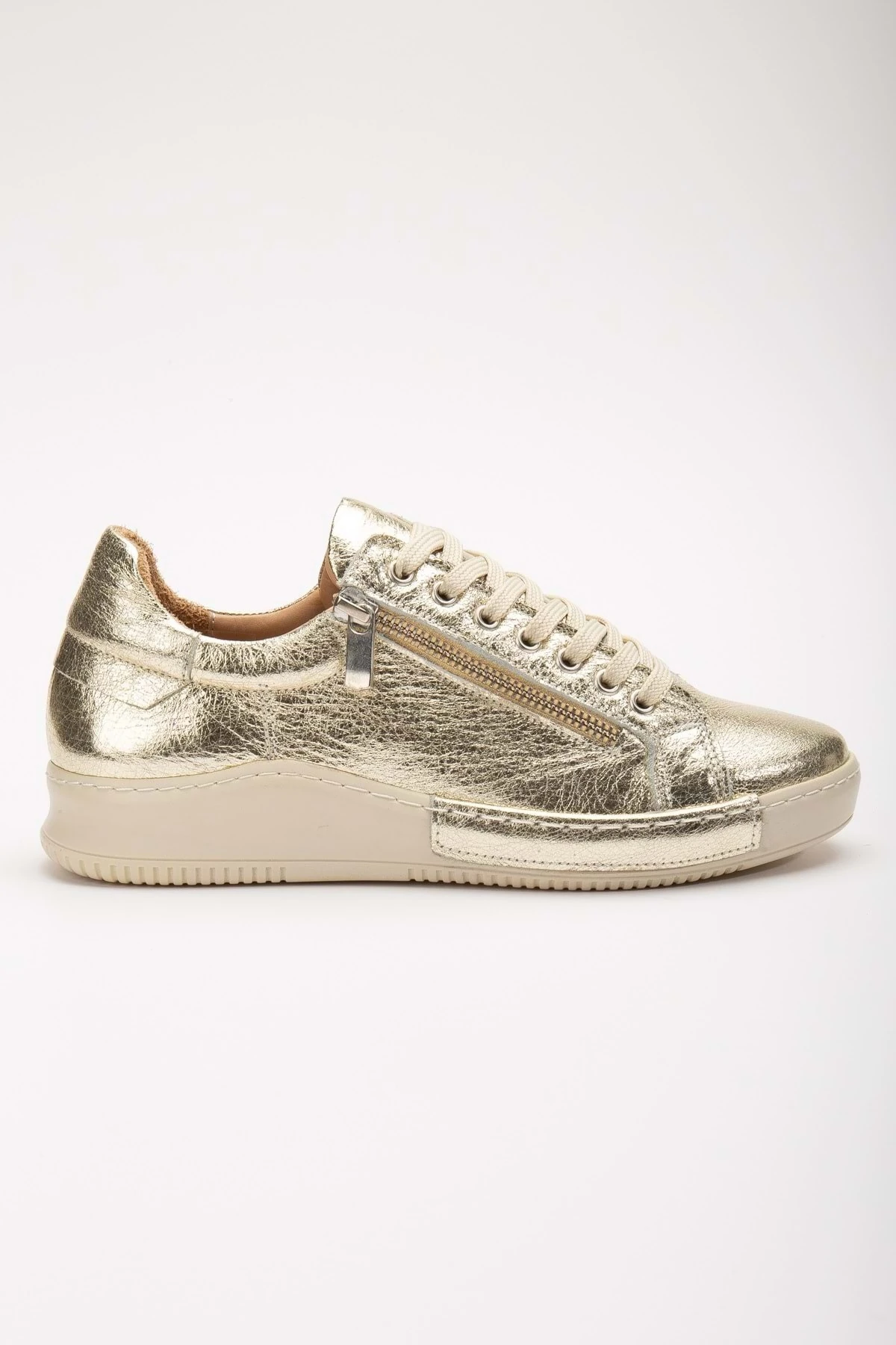 Kadın Hakiki Deri Fermuarlı Spor Ayakkabı - Altın