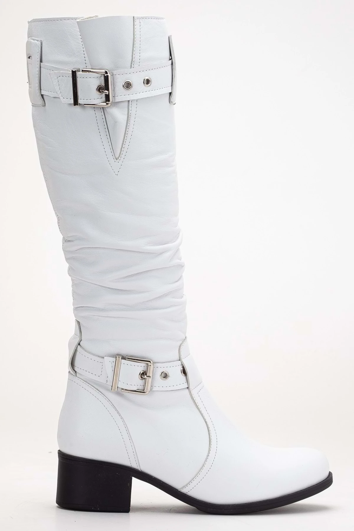 Kadın Hakiki Deri Körüklü Ayarlanabilir Tokalı Çizme - BEYAZ