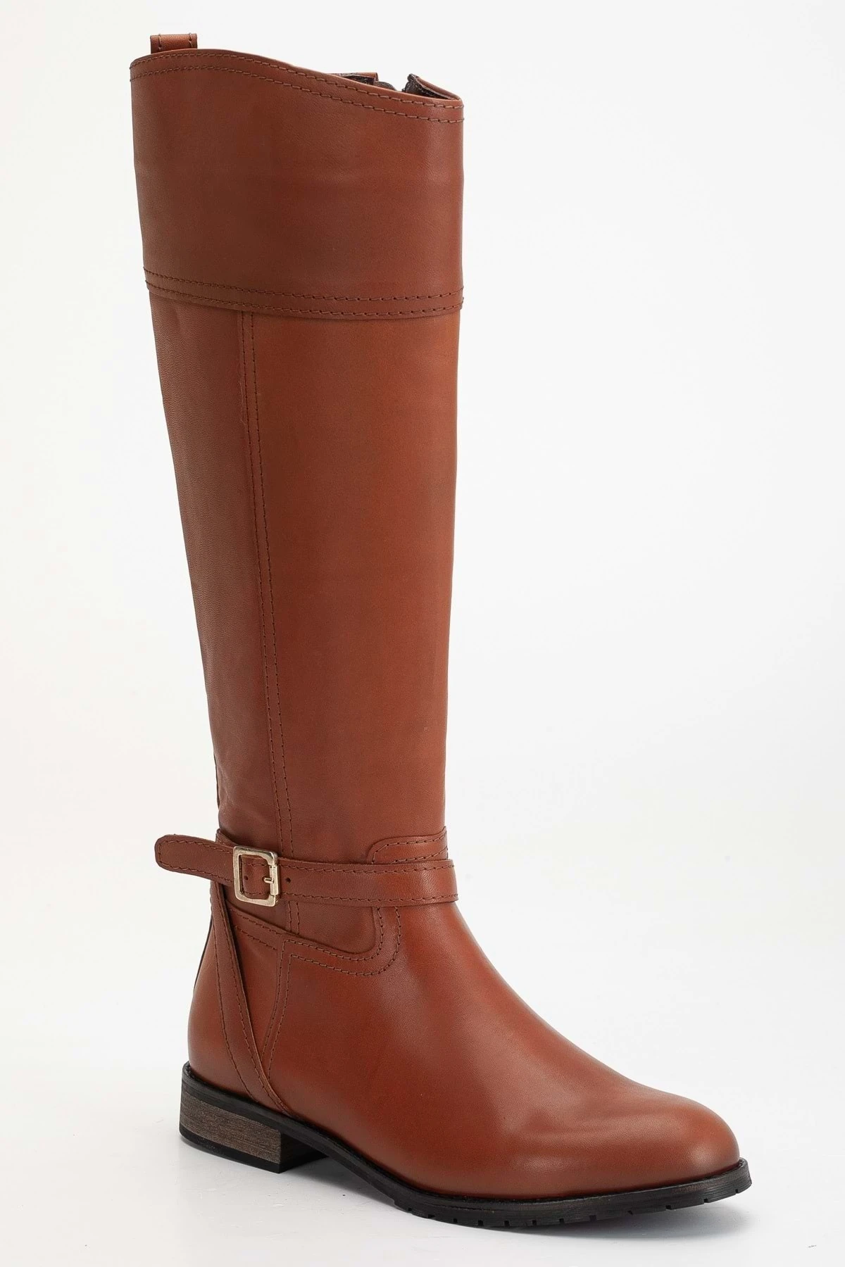 Kadın Hakiki Deri Tokalı Binici Çizme - Taba