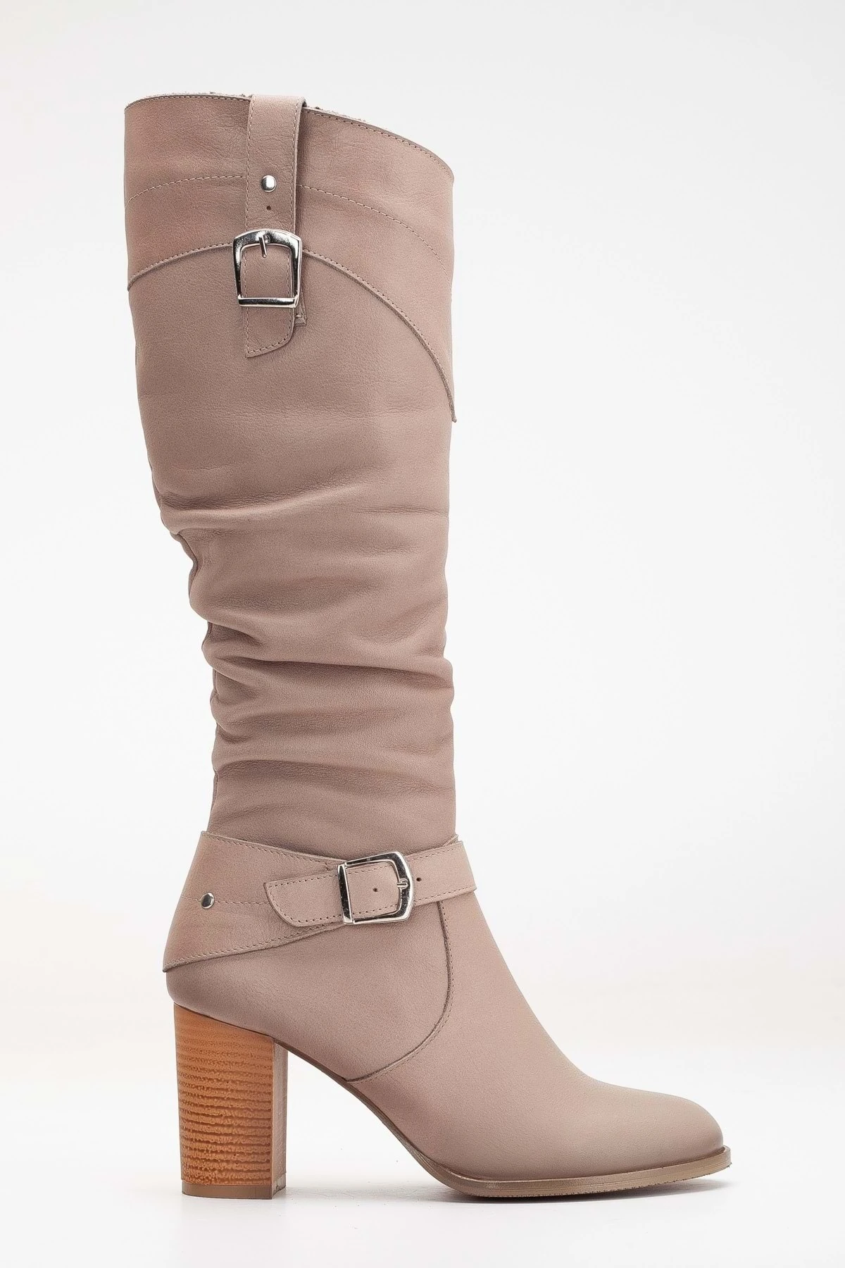 Kadın Hakiki Deri Körüklü Toka Detaylı Topuklu Çizme - TAŞ