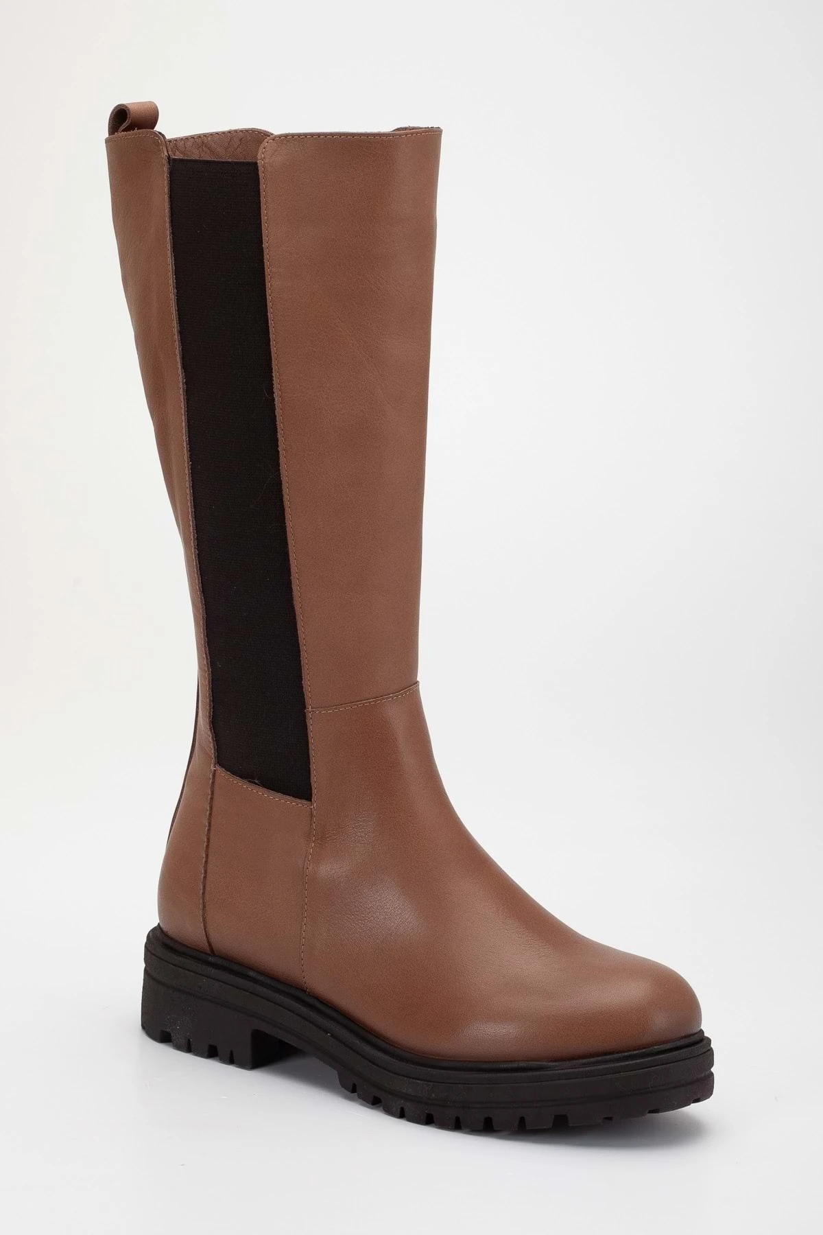 Kadın Hakiki Deri Boydan Lastikli Fermuarlı Düz Çizme
