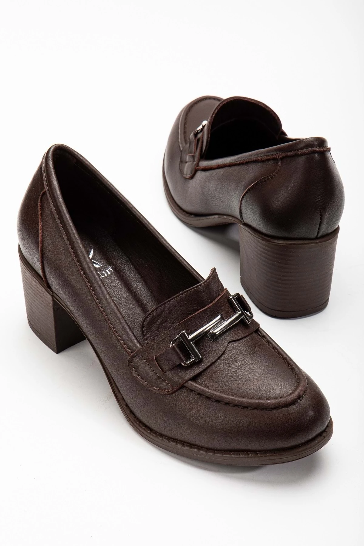 Kadın Hakiki Deri Tokalı Klasik Topuklu Ayakkabı - Kahve