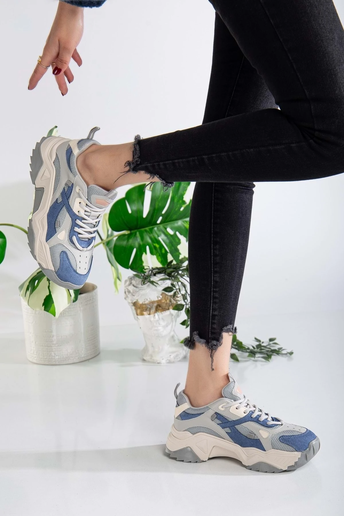 Kadın Yüksek Taban Sneaker Bağcıklı Spor Ayakkabı - Mavi-Gri
