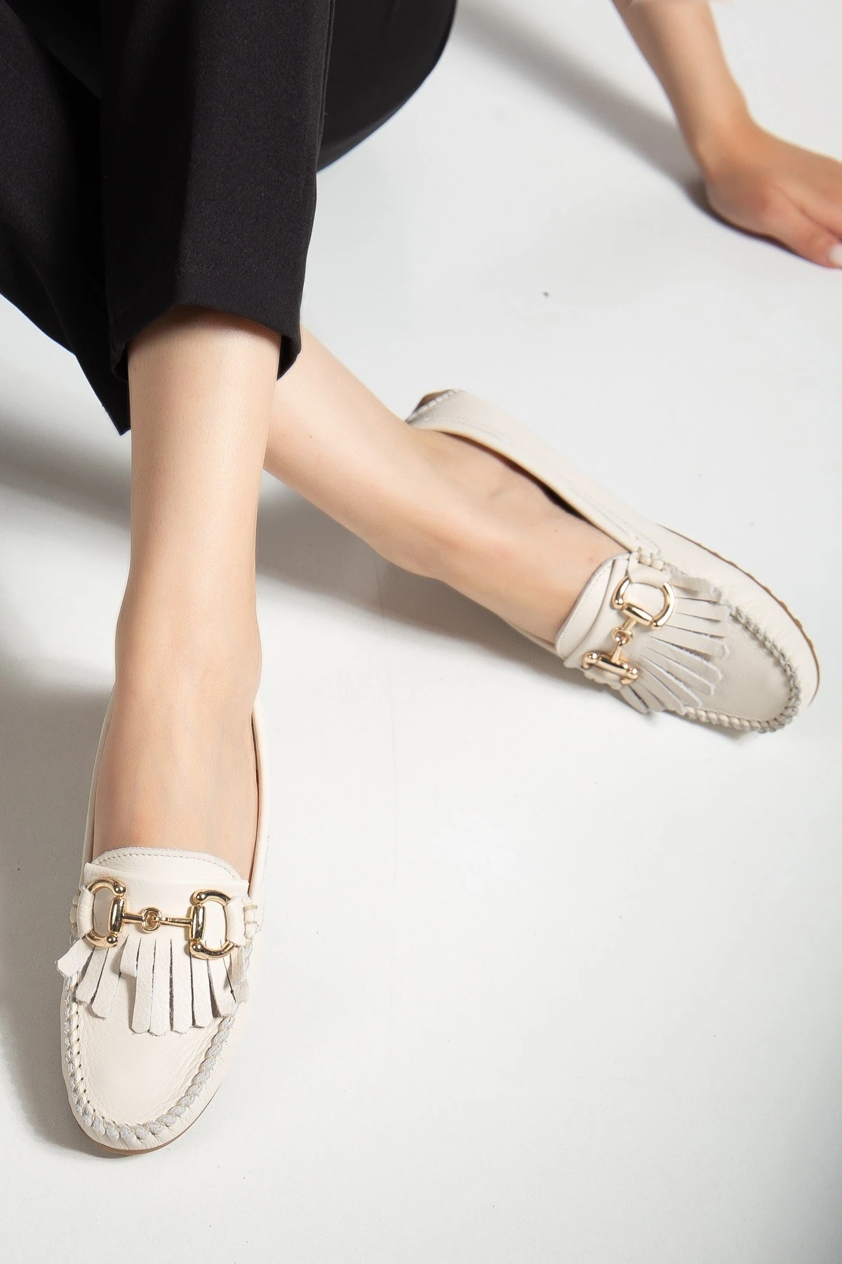 Kadın Hakiki Deri Tokalı Klasik Loafer - Krem