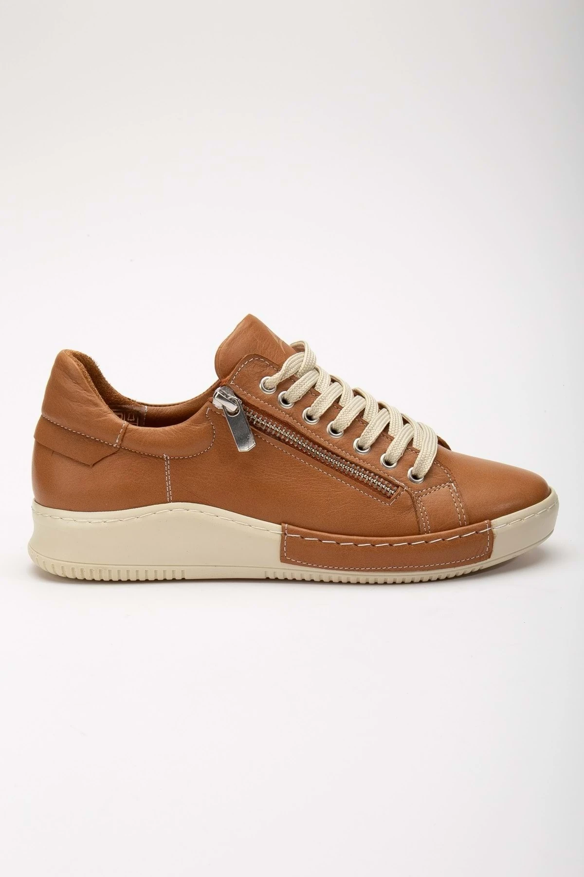 Kadın Hakiki Deri Fermuarlı Spor Ayakkabı - Taba