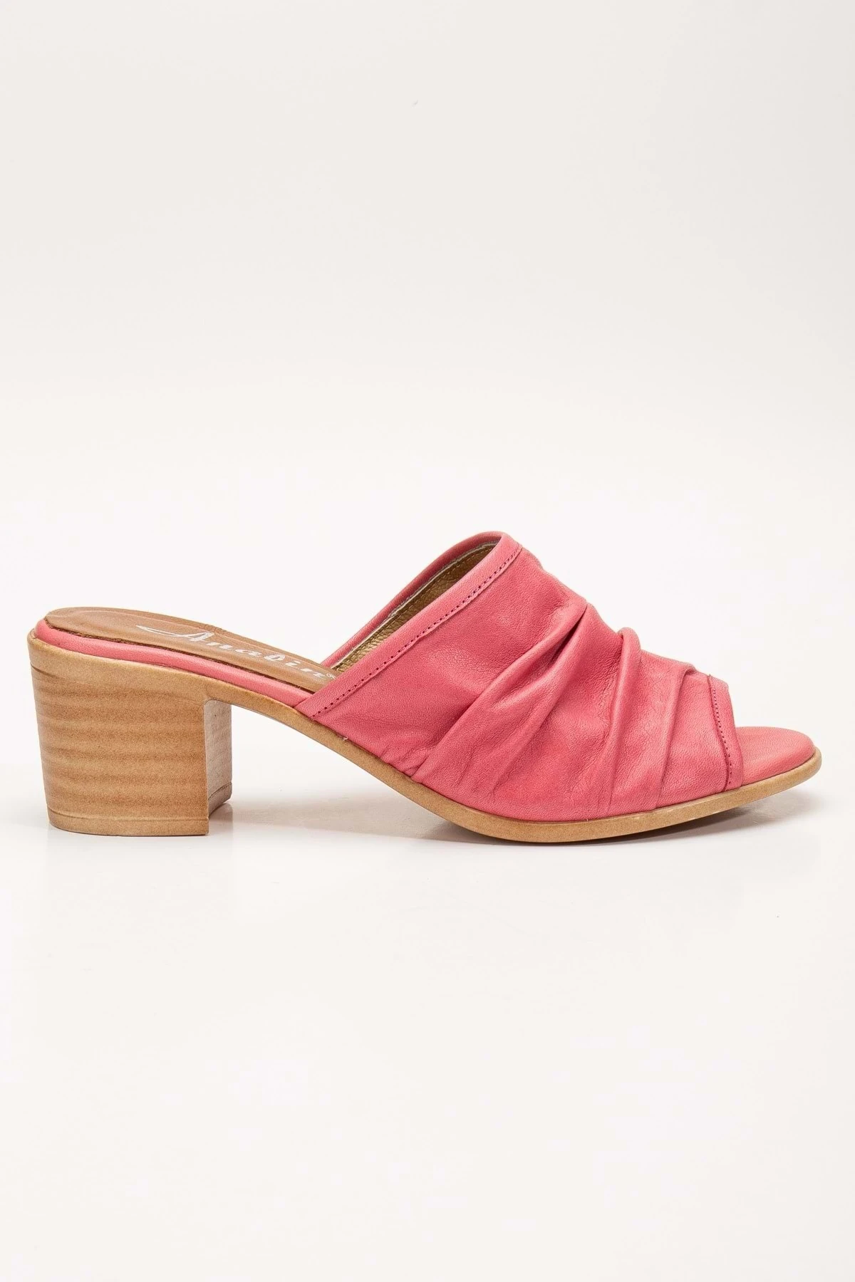 Kadın Hakiki Deri Kırışık Topuklu Terlik - PEMBE
