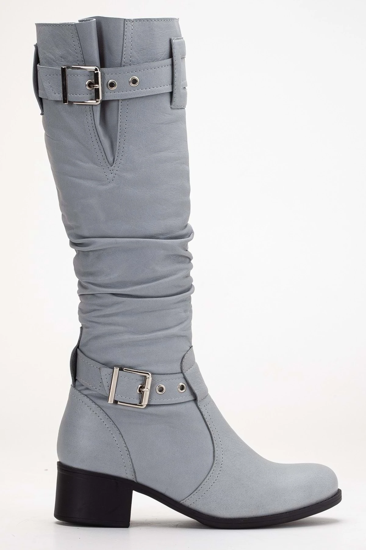 Kadın Hakiki Deri Körüklü Ayarlanabilir Tokalı Çizme - GRİ
