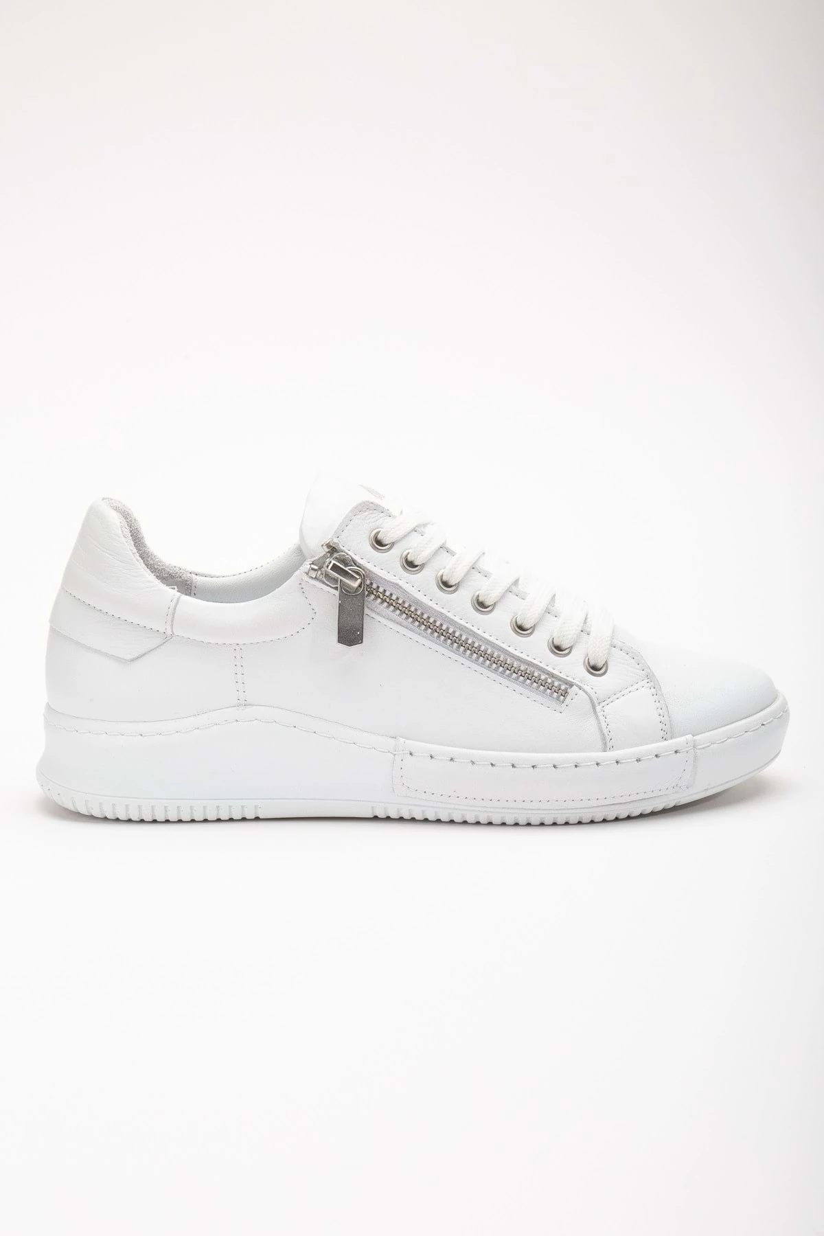 Kadın Hakiki Deri Fermuarlı Spor Ayakkabı - BEYAZ