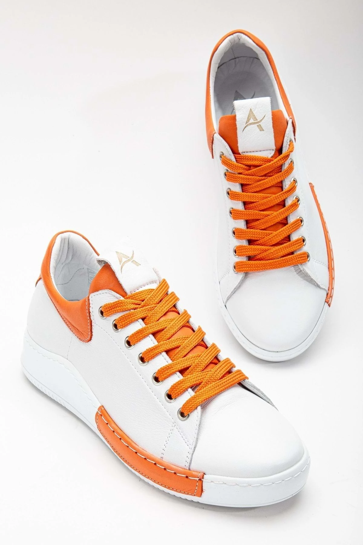 Kadın Hakiki Deri Bağcıklı Spor Ayakkabı - BEYAZ/TURUNCU