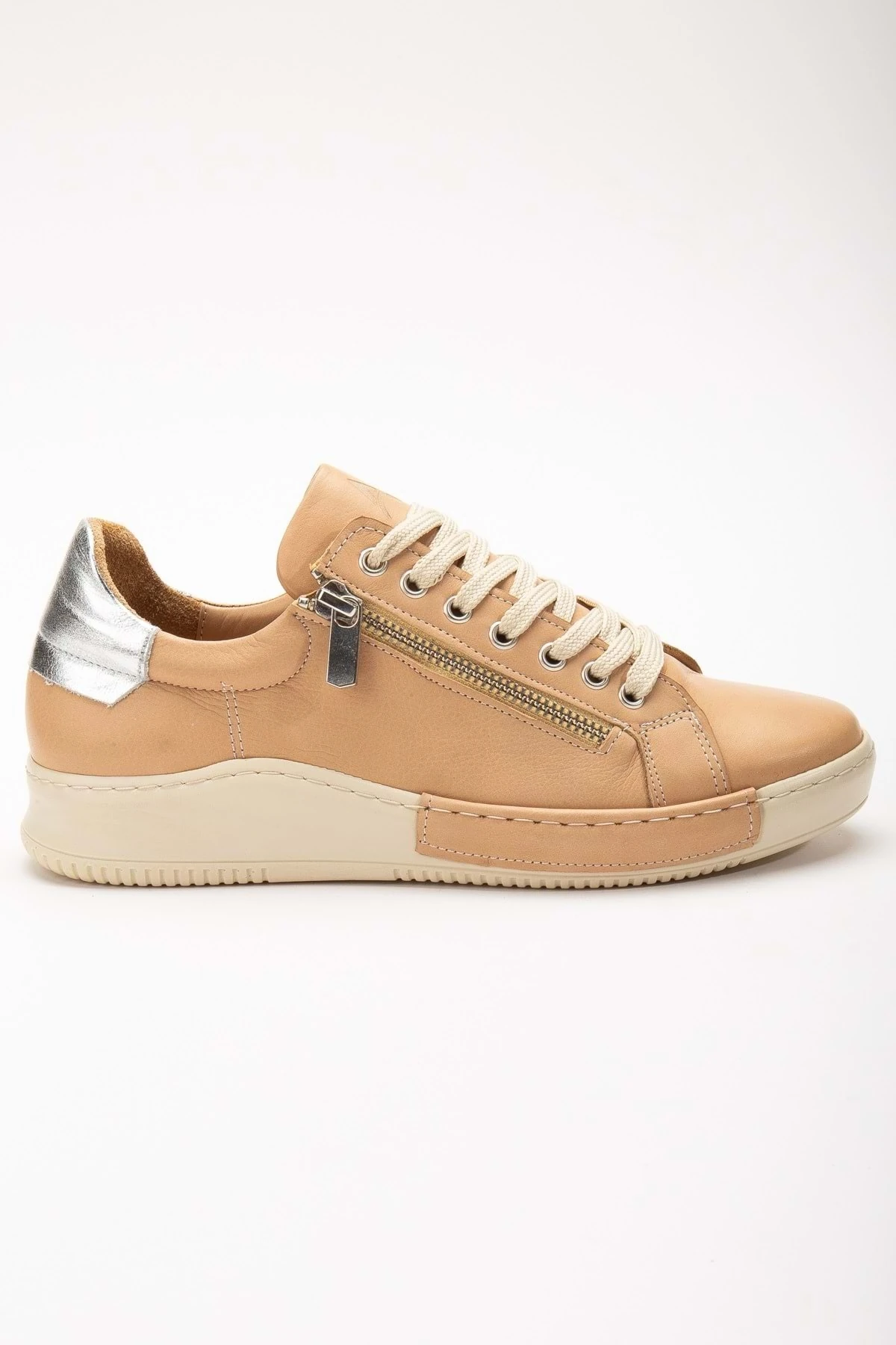 Kadın Hakiki Deri Fermuarlı Spor Ayakkabı - NUDE/GÜMÜŞ