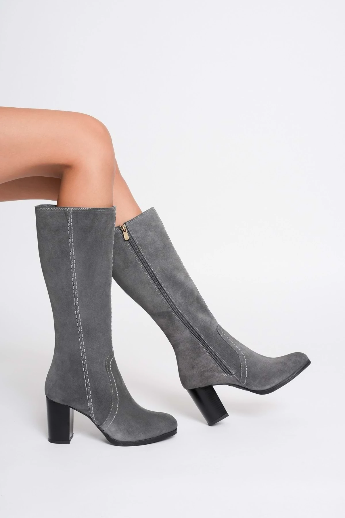 Kadın Hakiki Deri Topuklu  Çizme - GRİ