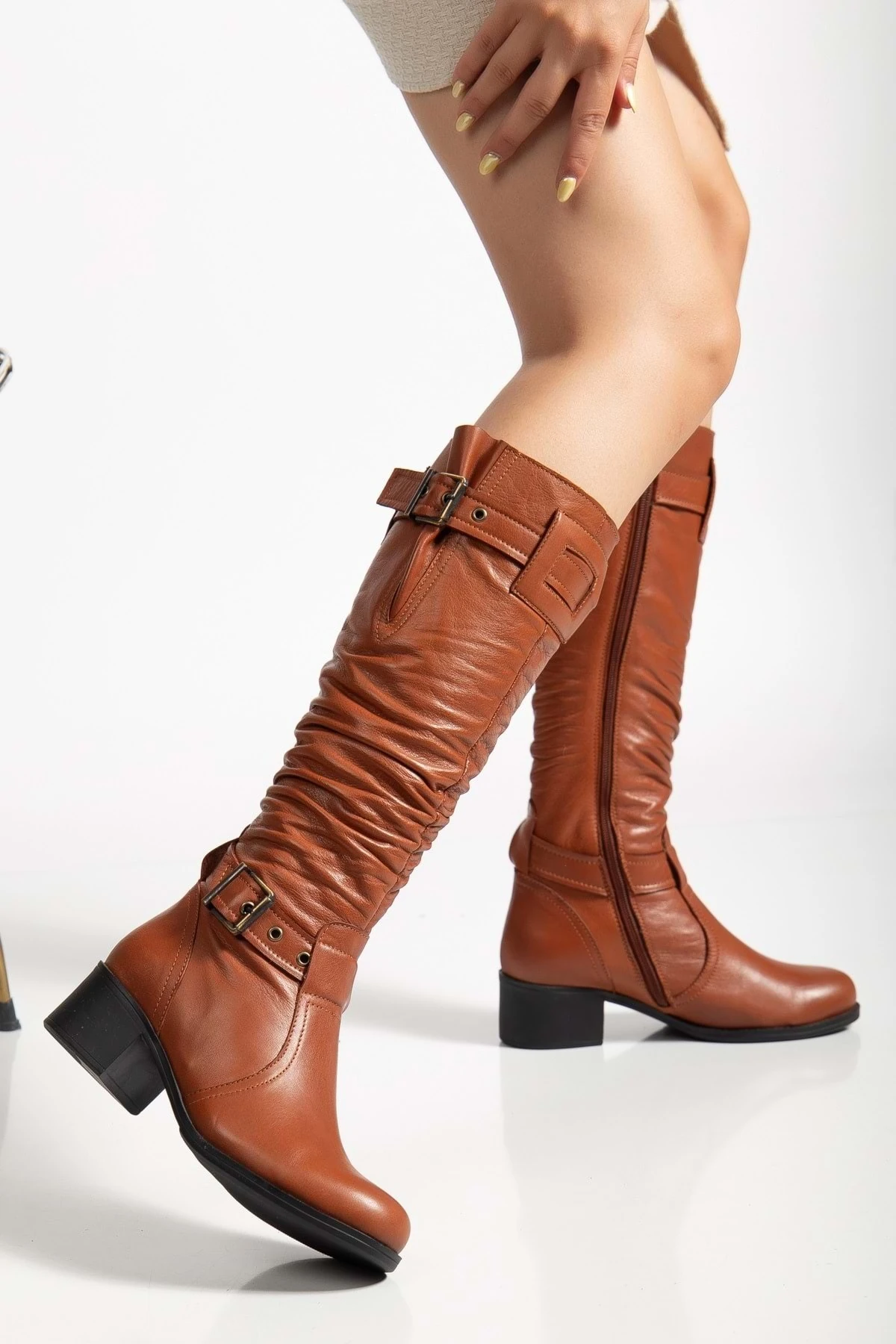 Kadın Hakiki Deri Körüklü Ayarlanabilir Tokalı Çizme - Kiremit