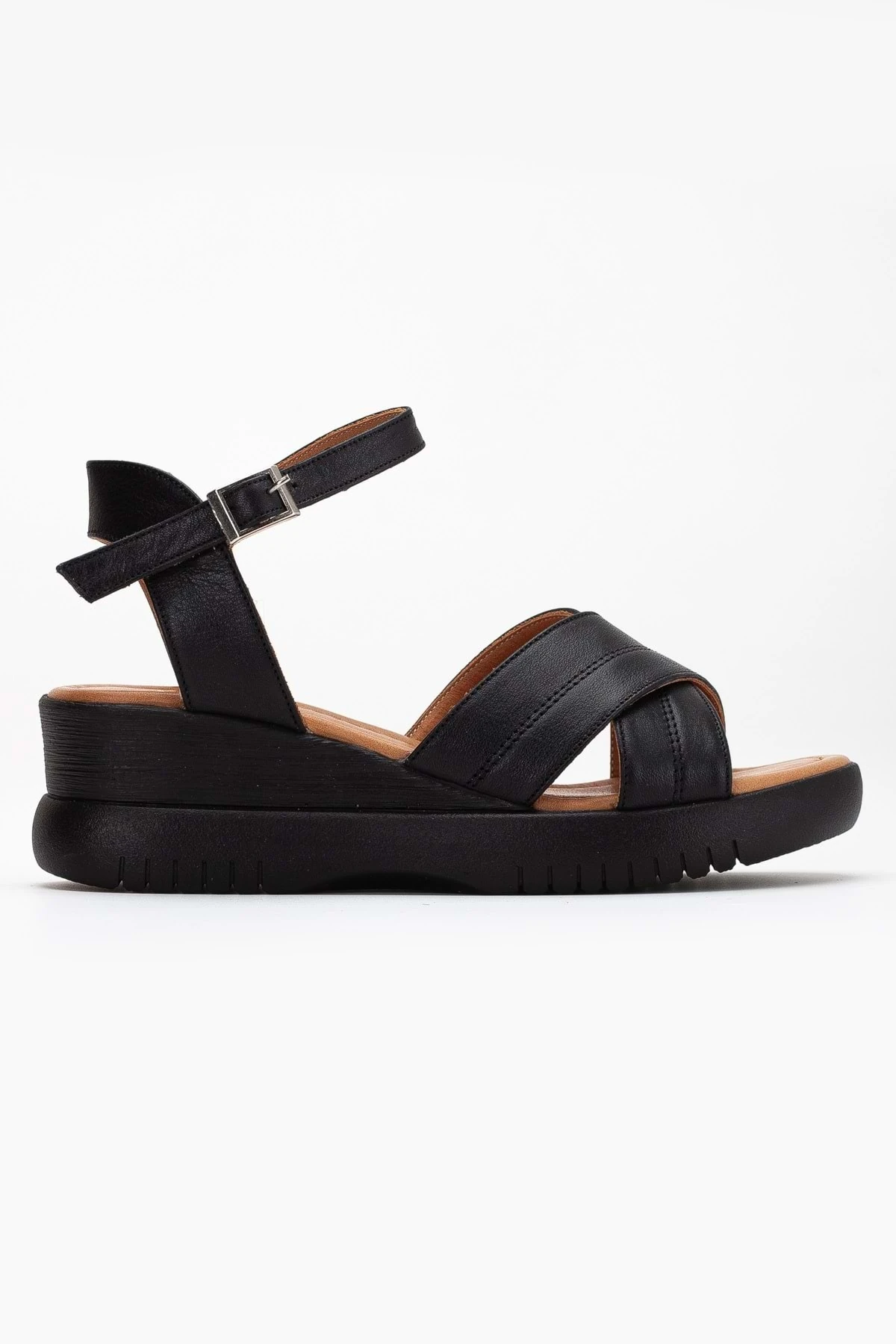 Kadın Hakiki Deri Önü Açık Çapraz Bantlı Yüksek Taban Sandalet