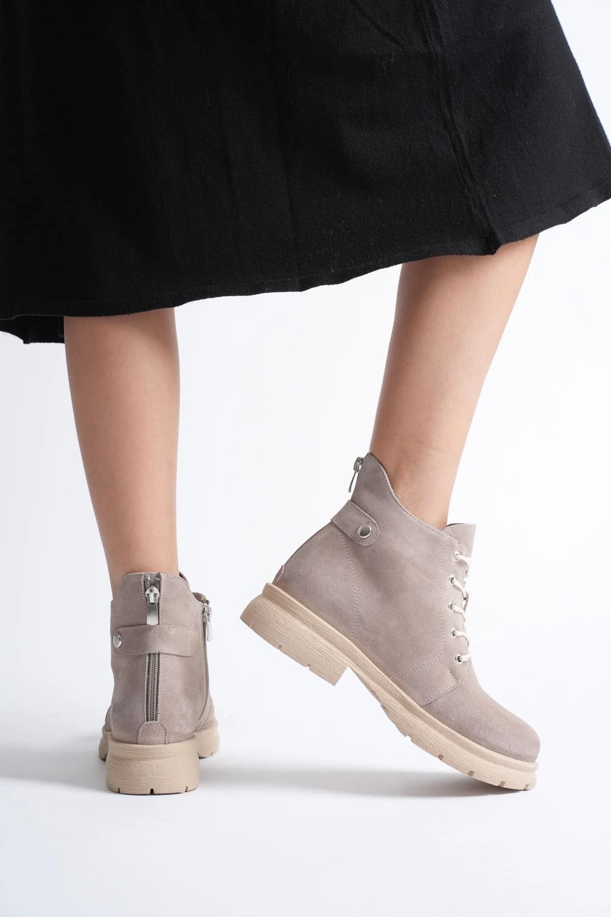 Kadın Hakiki Deri Arkadan Fermuarlı Bot - Taş Rengi