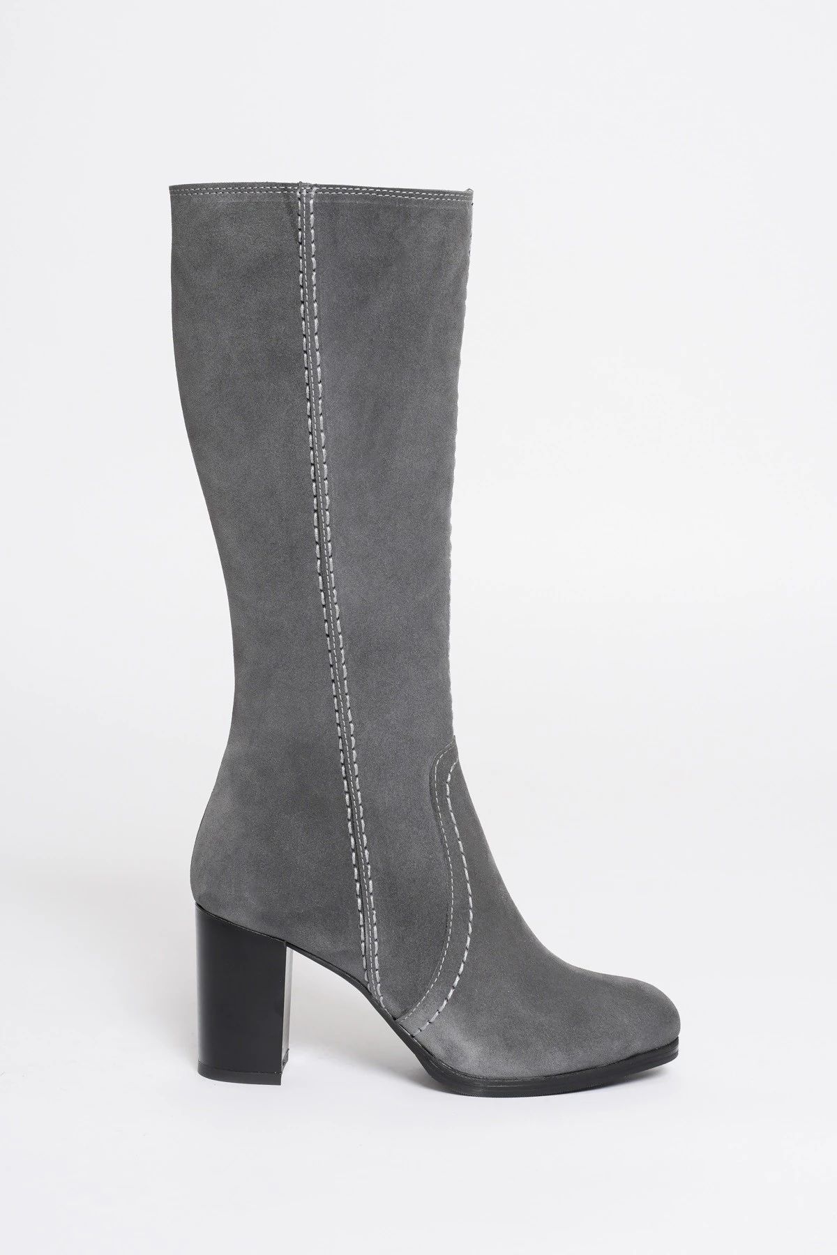Kadın Hakiki Deri Topuklu  Çizme - GRİ