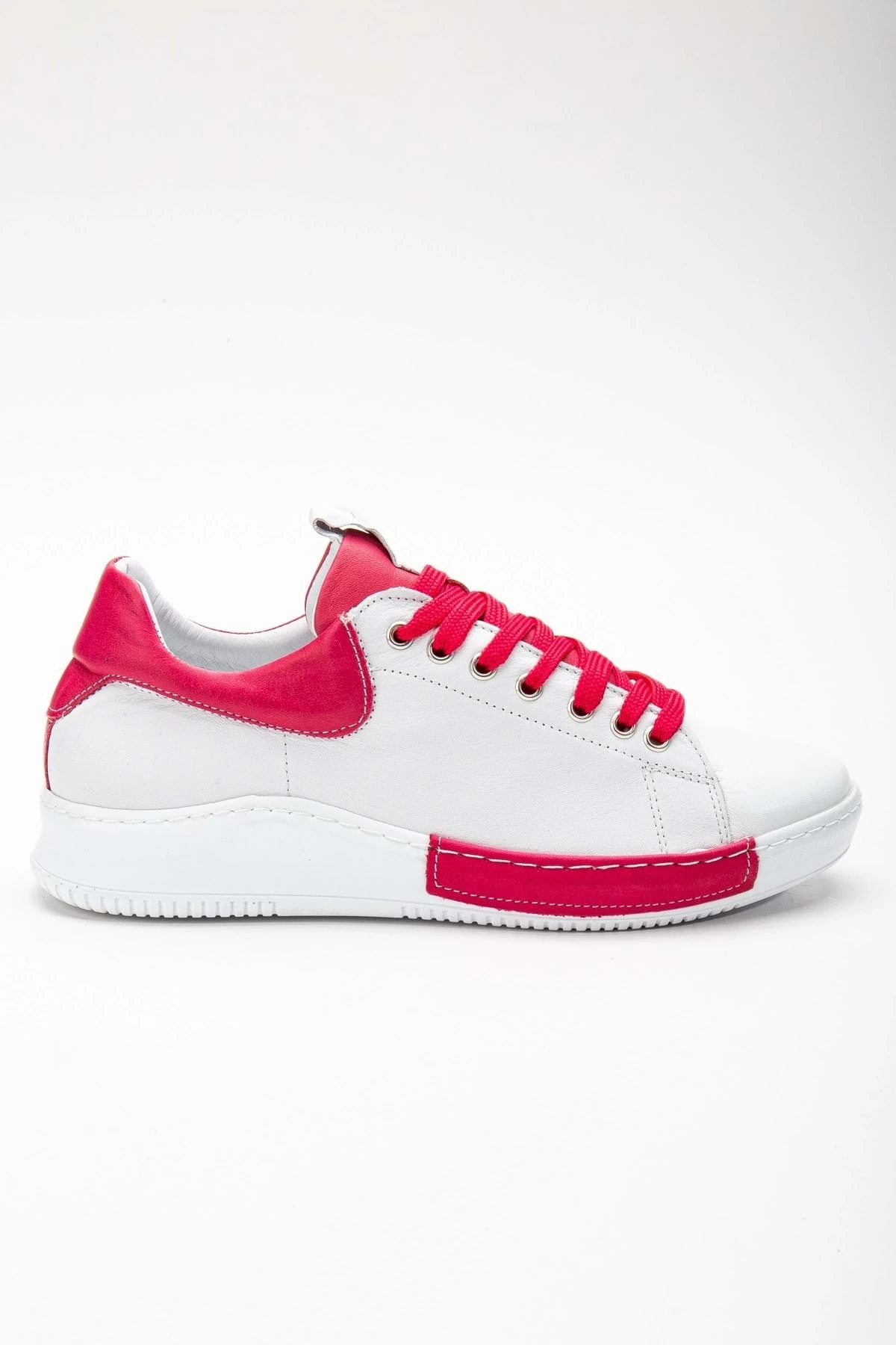 Kadın Hakiki Deri Bağcıklı Spor Ayakkabı - BEYAZ/PEMBE