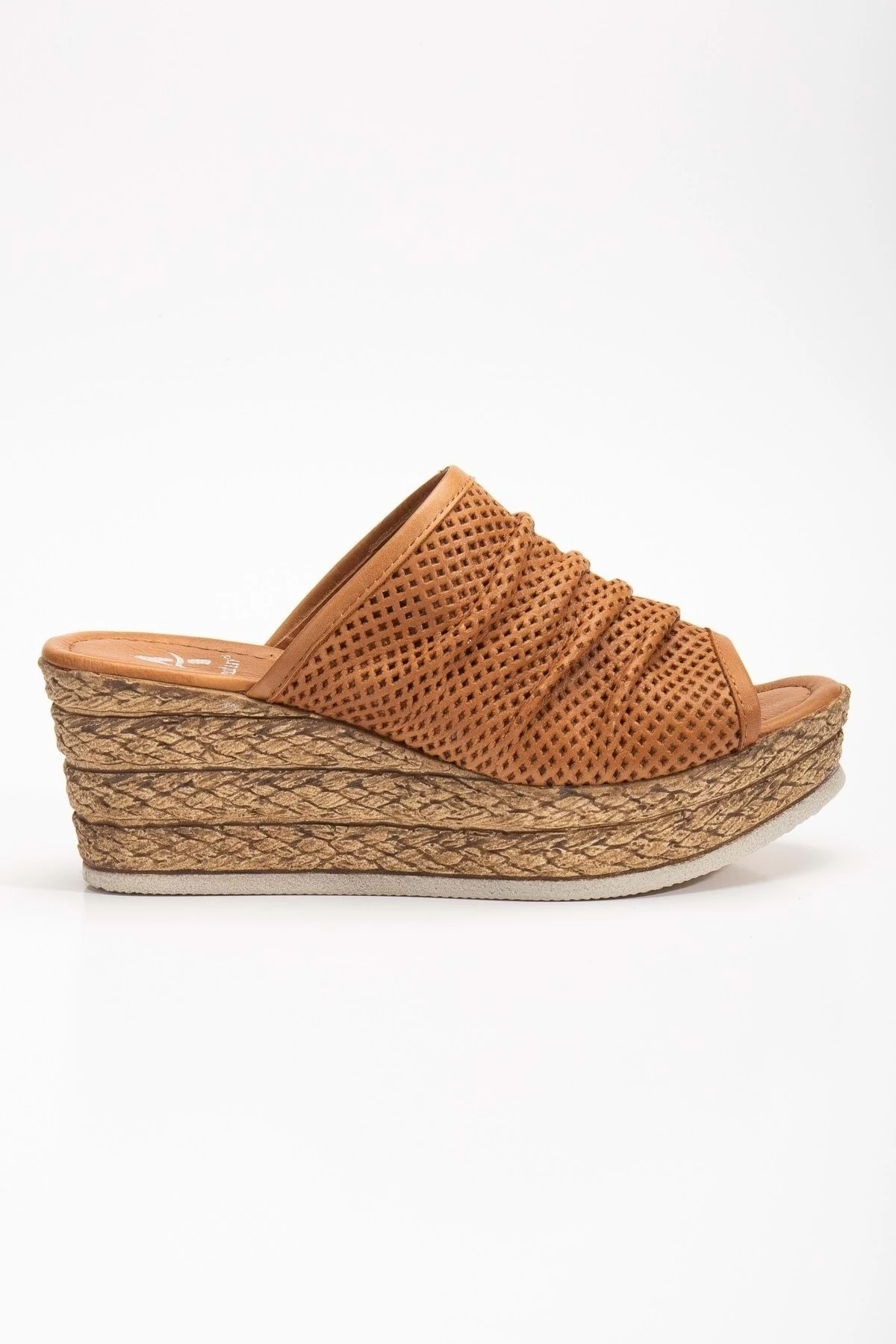 Kadın Hakiki Deri Dolgu Topuk Terlik - Taba