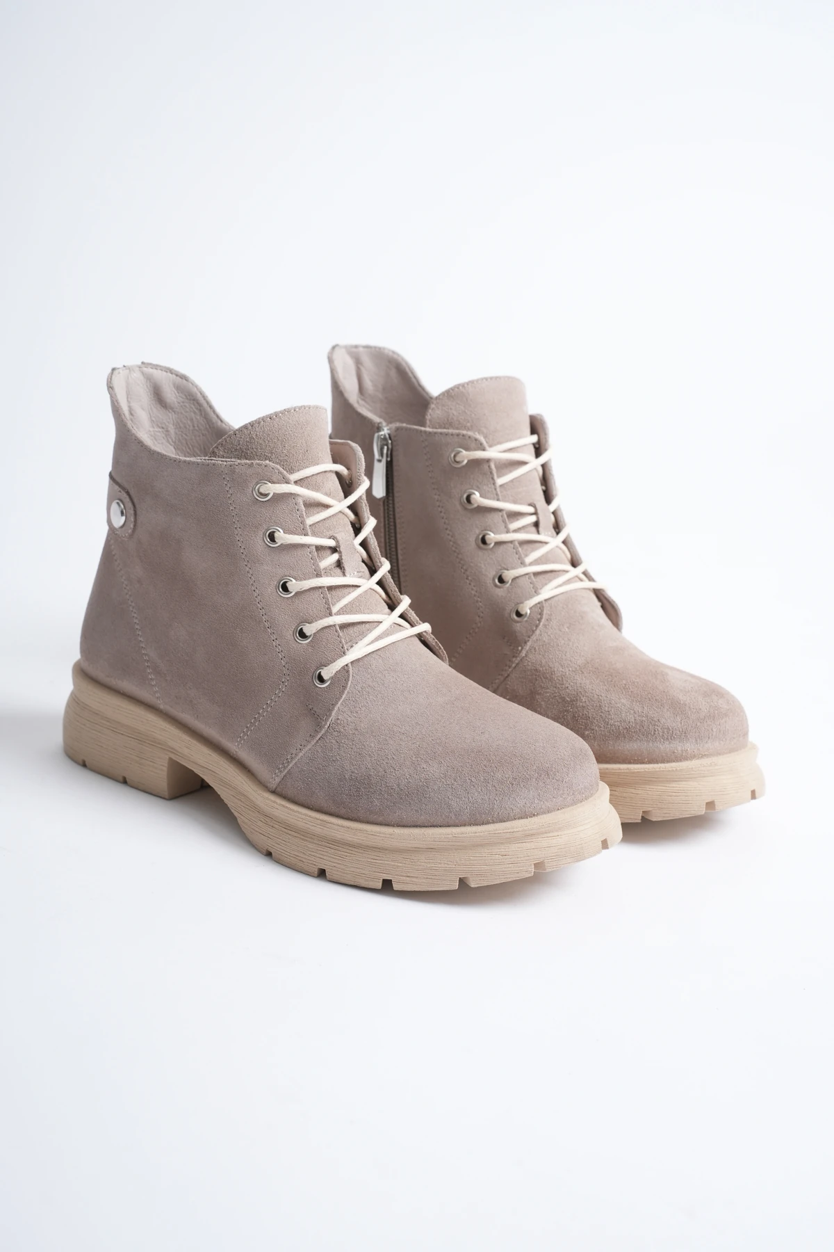Kadın Hakiki Deri Arkadan Fermuarlı Bot - Taş Rengi