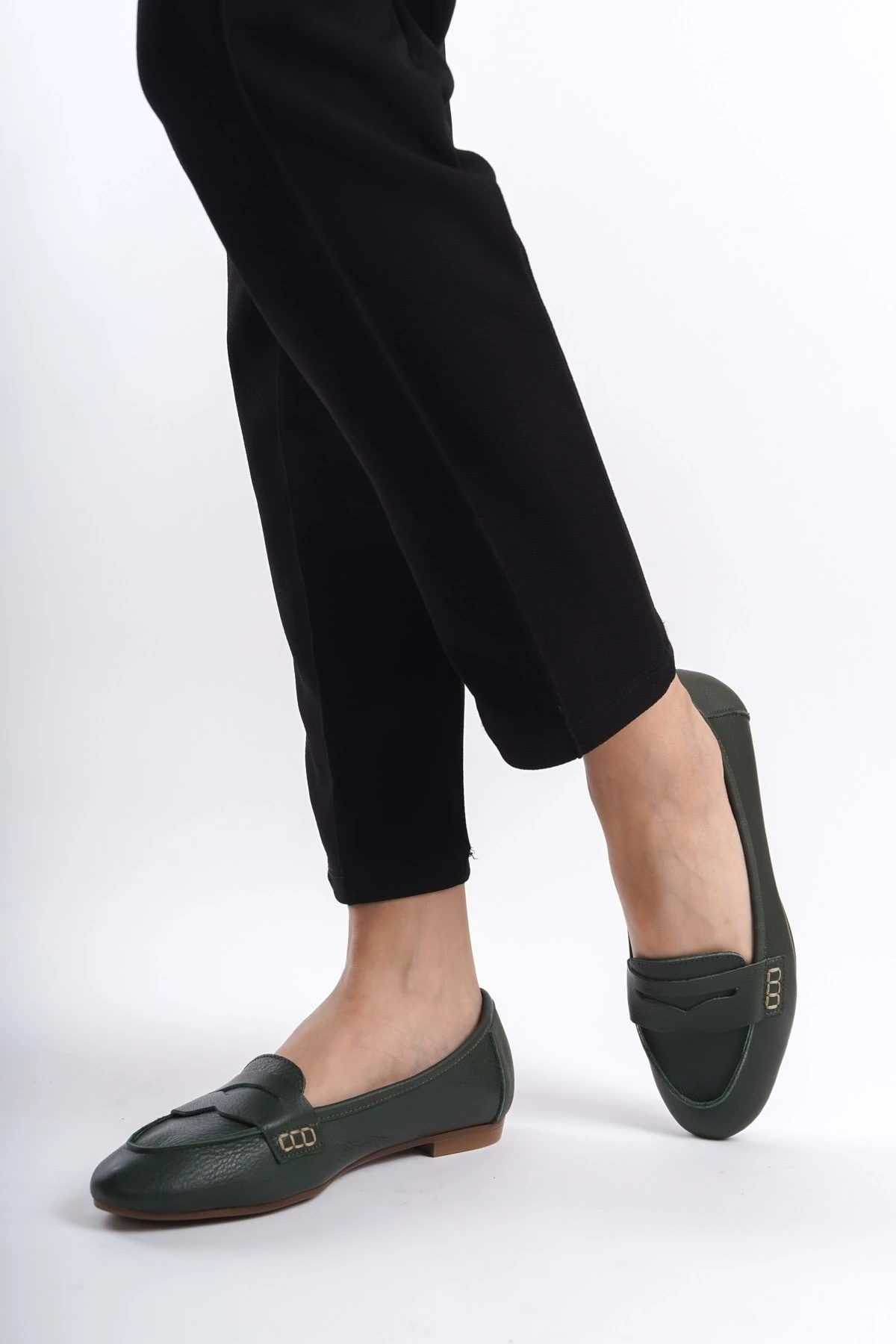 Kadın Hakiki Deri Saraçlı Rahat Babet - Yeşil