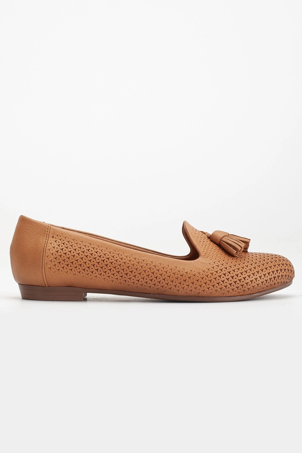 Kadın Hakiki Deri Baskılı Püsküllü Babet - Taba