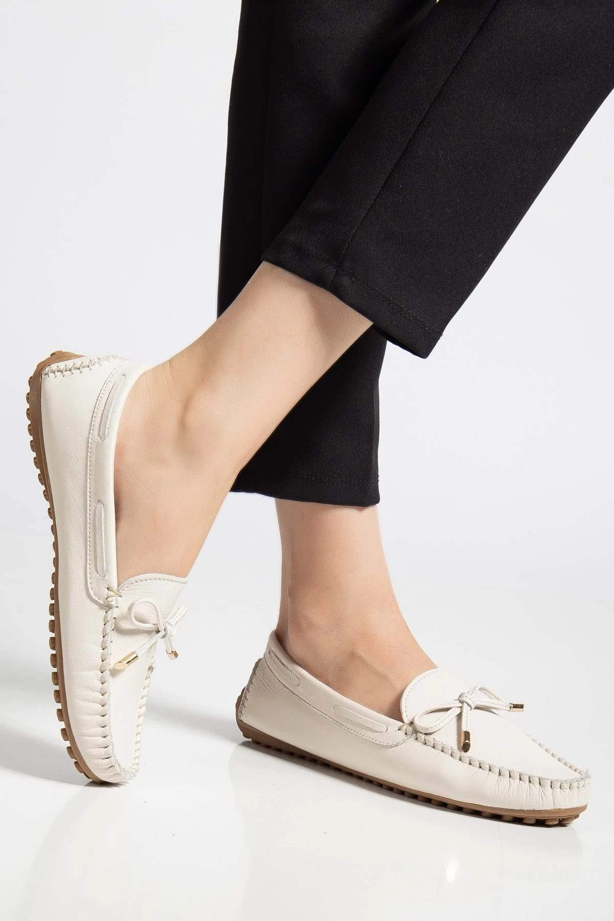 Kadın Hakiki Deri Klasik Loafer - Krem