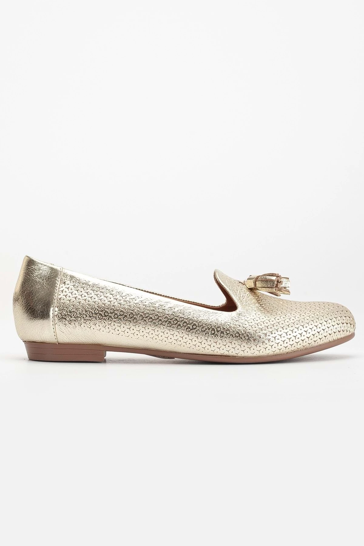 Kadın Hakiki Deri Baskılı Püsküllü Babet - Altın