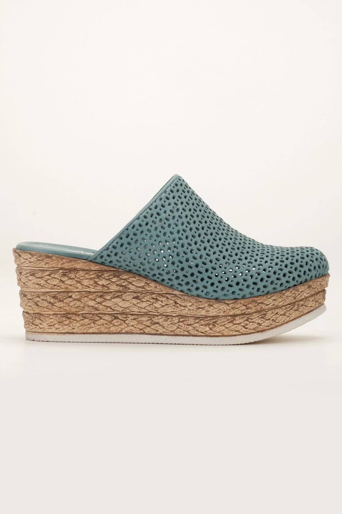 Kadın Hakiki Deri Burnu Kapalı Dolgu Topuk Terlik - MAVİ