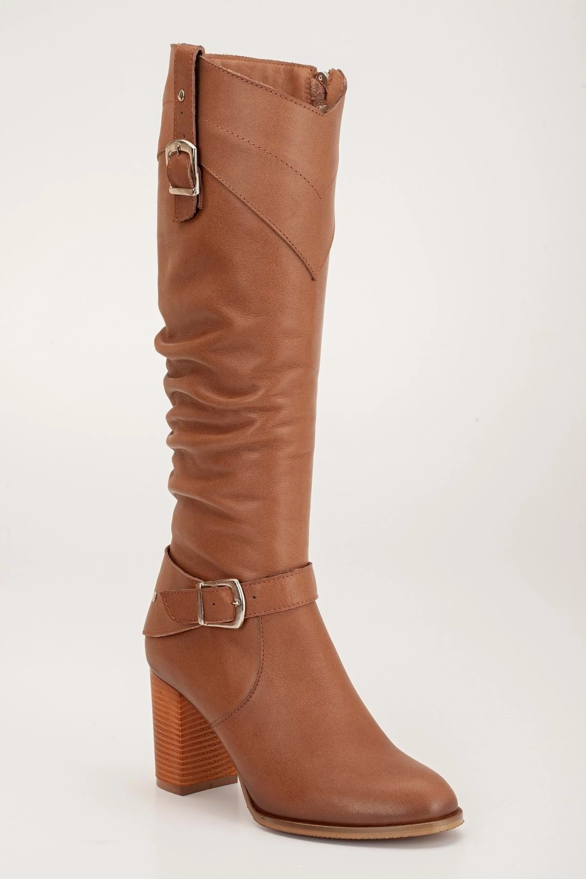 Kadın Hakiki Deri Körüklü Toka Detaylı Topuklu Çizme - CEVİZ