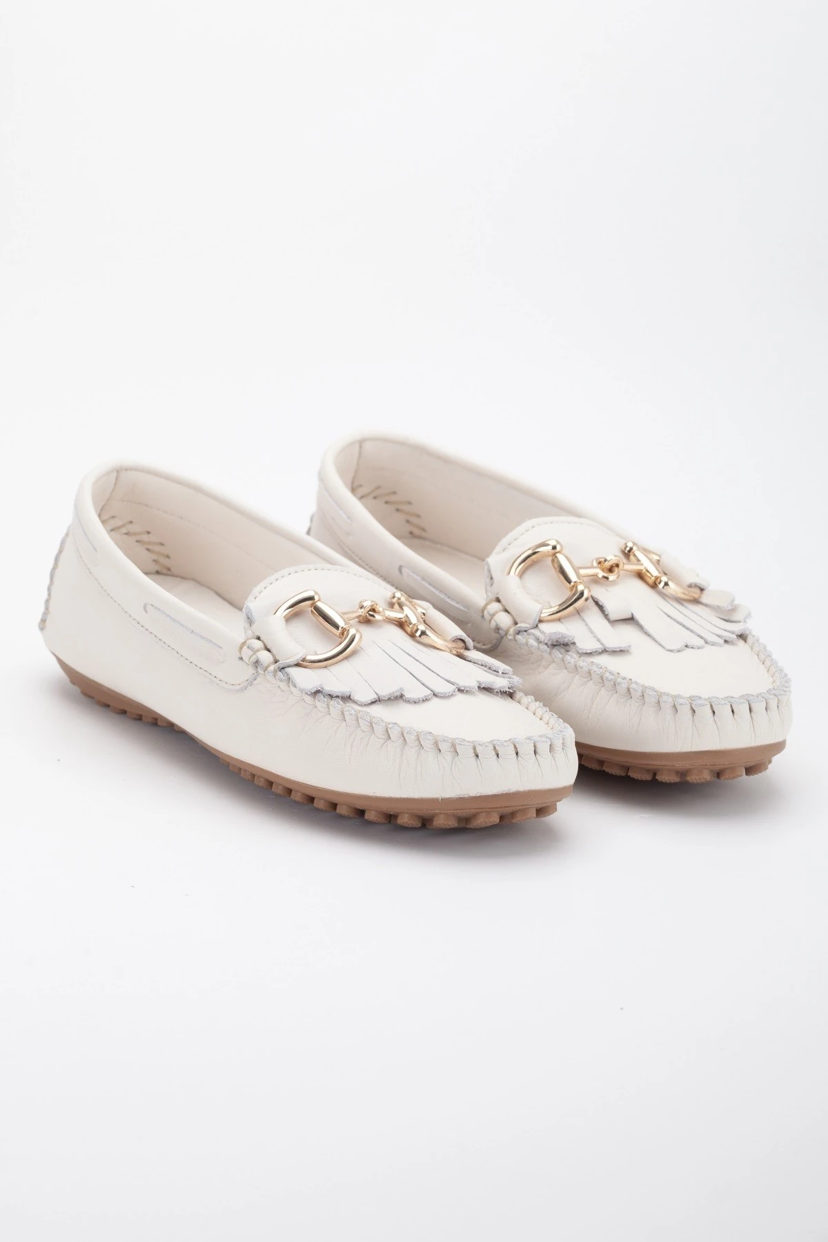 Kadın Hakiki Deri Tokalı Klasik Loafer - Krem