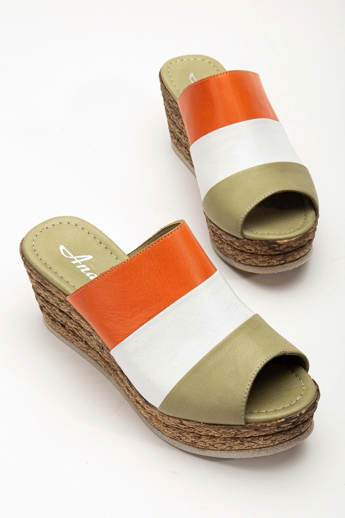 Kadın Hakiki Deri Dolgu Topuk Terlik - YEŞİL BEYAZ TURUNCU