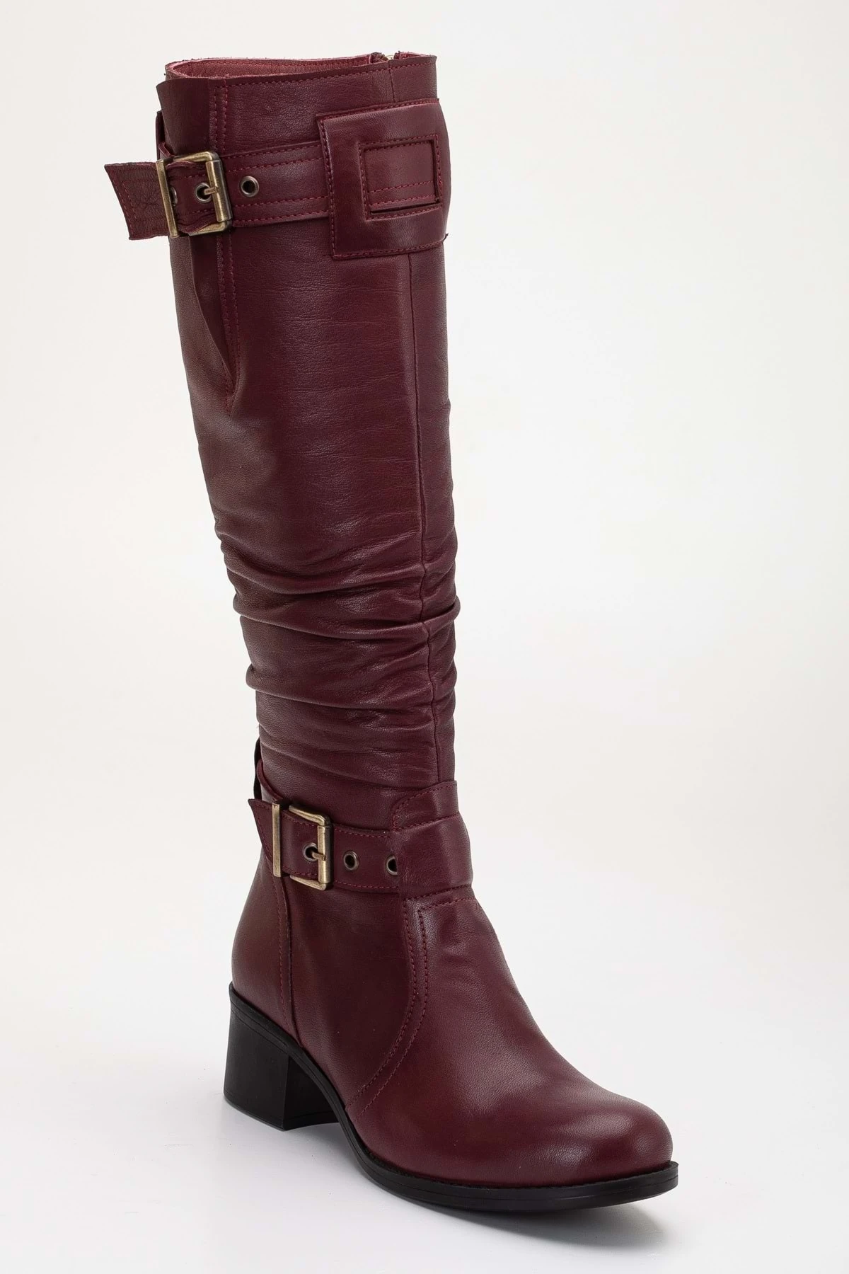 Kadın Hakiki Deri Körüklü Ayarlanabilir Tokalı Çizme - Bordo