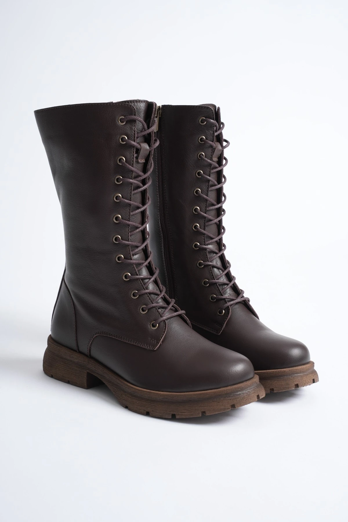 Kadın Hakiki Deri Fermuarlı Bağcıklı Postal Bot - Kahve