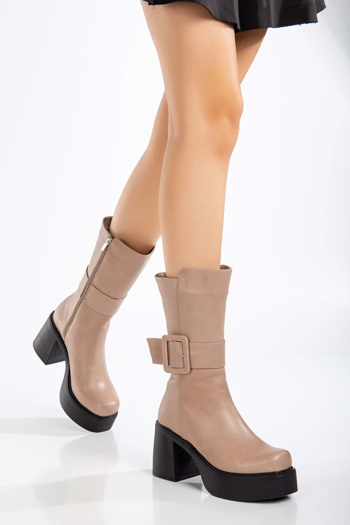 Kadın Hakiki Deri Tokalı Platformlu Kalın Topuklu Çizme