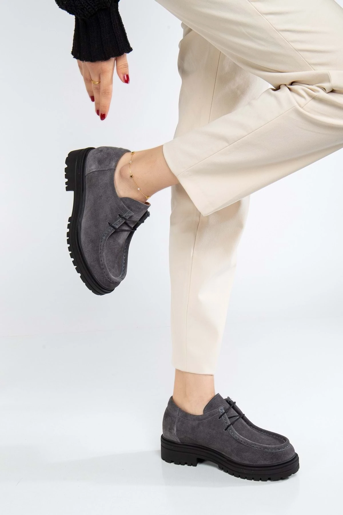 Kadın Hakiki Deri Kalın Taban Bağcıklı Oxford Ayakkabı