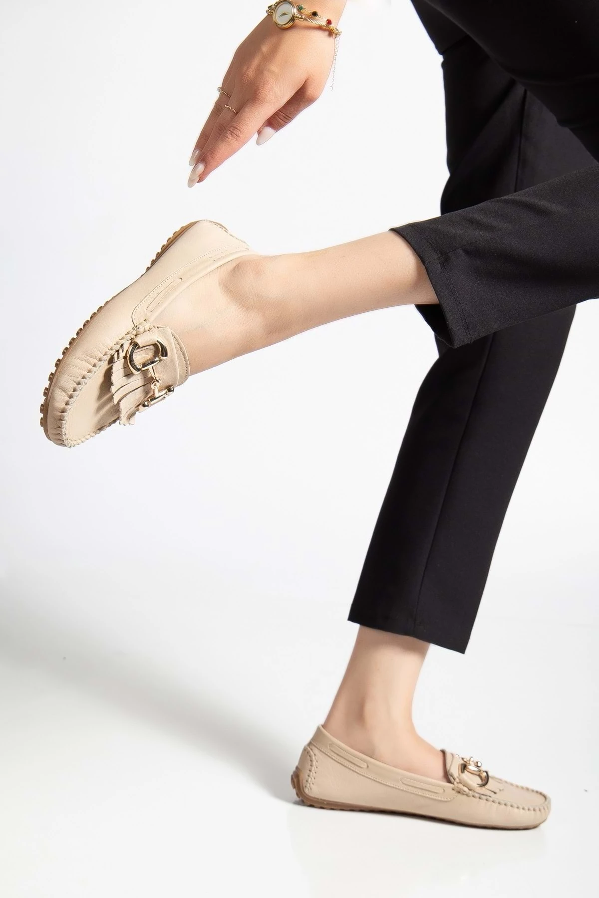 Kadın Hakiki Deri Tokalı Klasik Loafer - Bej