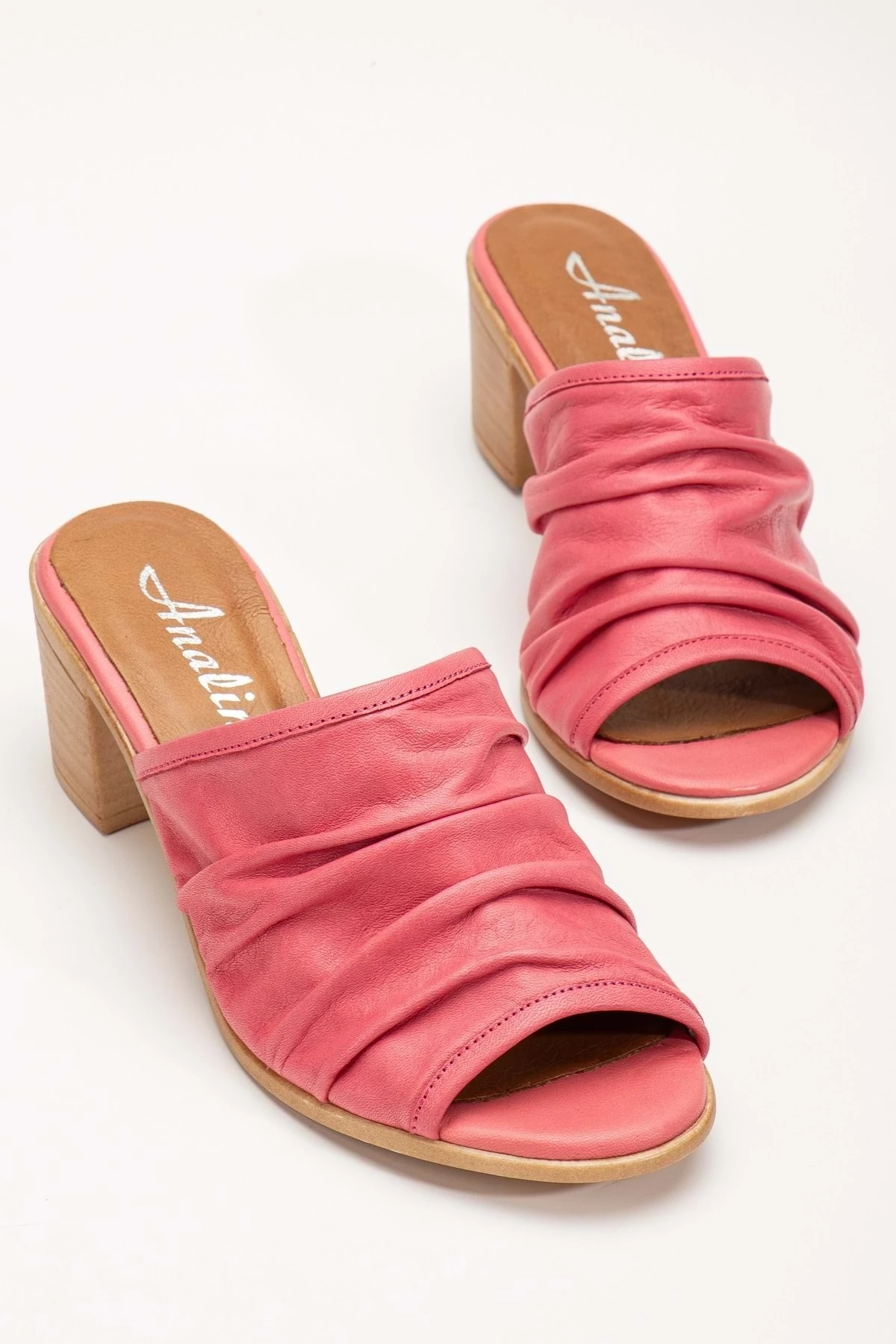 Kadın Hakiki Deri Kırışık Topuklu Terlik - PEMBE