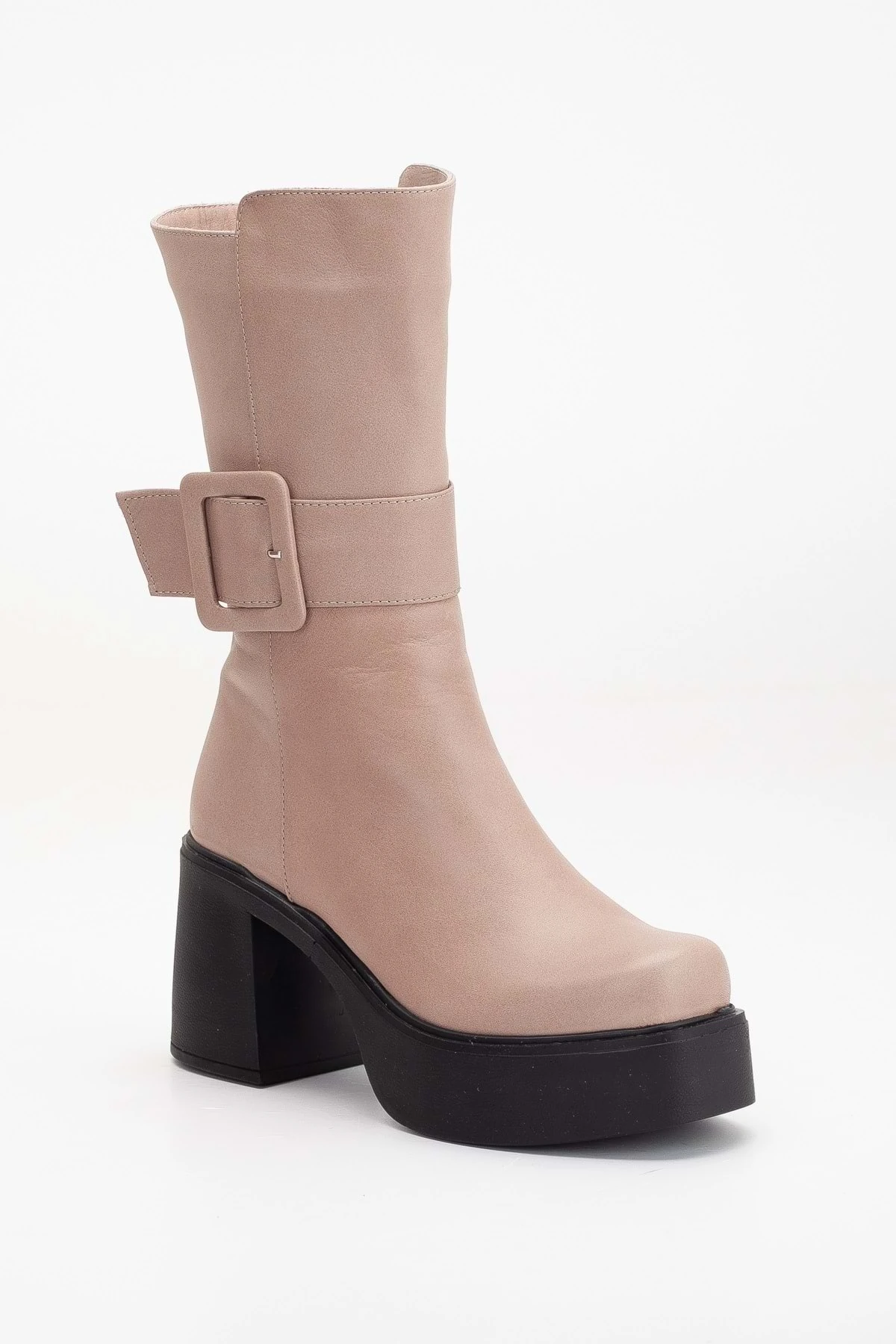 Kadın Hakiki Deri Tokalı Platformlu Kalın Topuklu Çizme