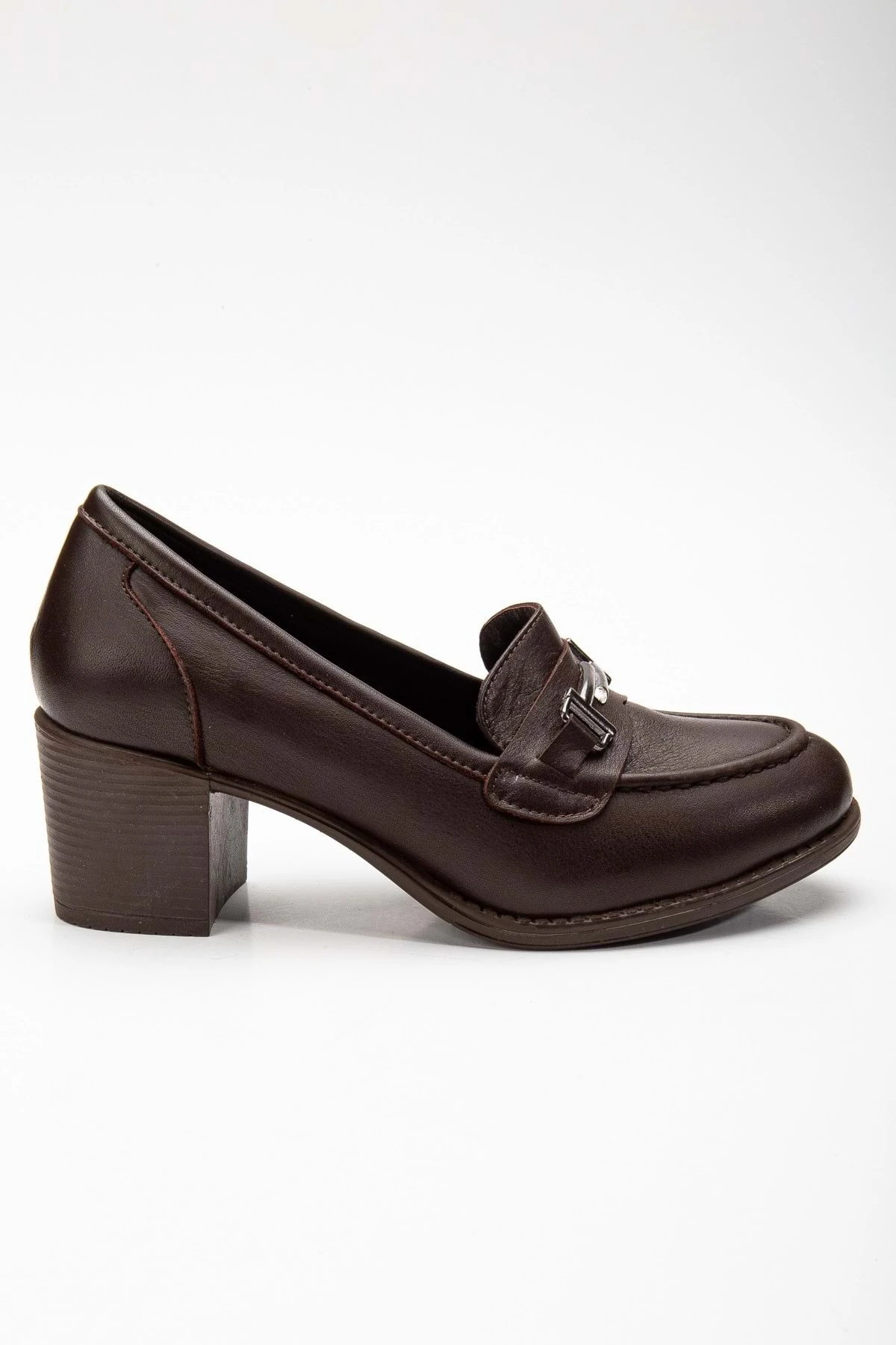 Kadın Hakiki Deri Tokalı Klasik Topuklu Ayakkabı - Kahve