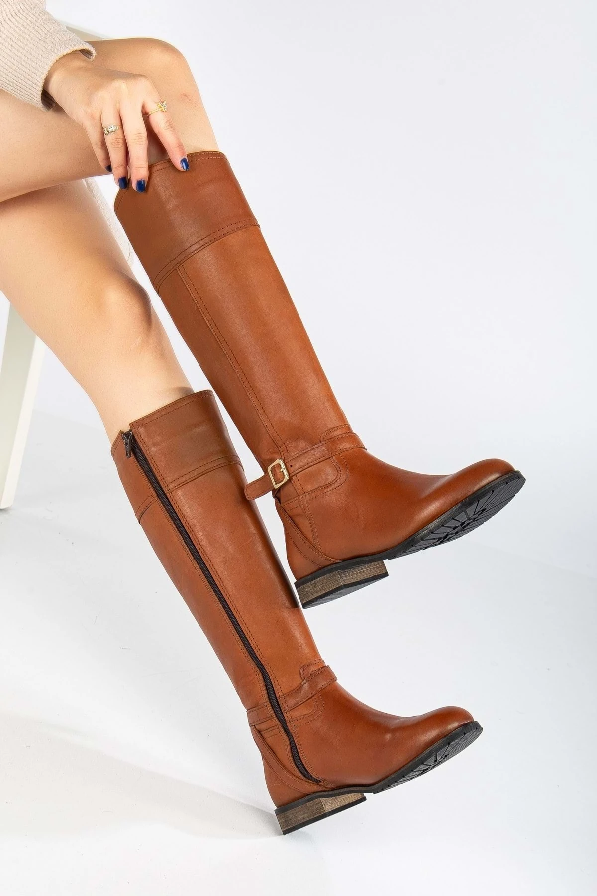 Kadın Hakiki Deri Tokalı Binici Çizme - Taba