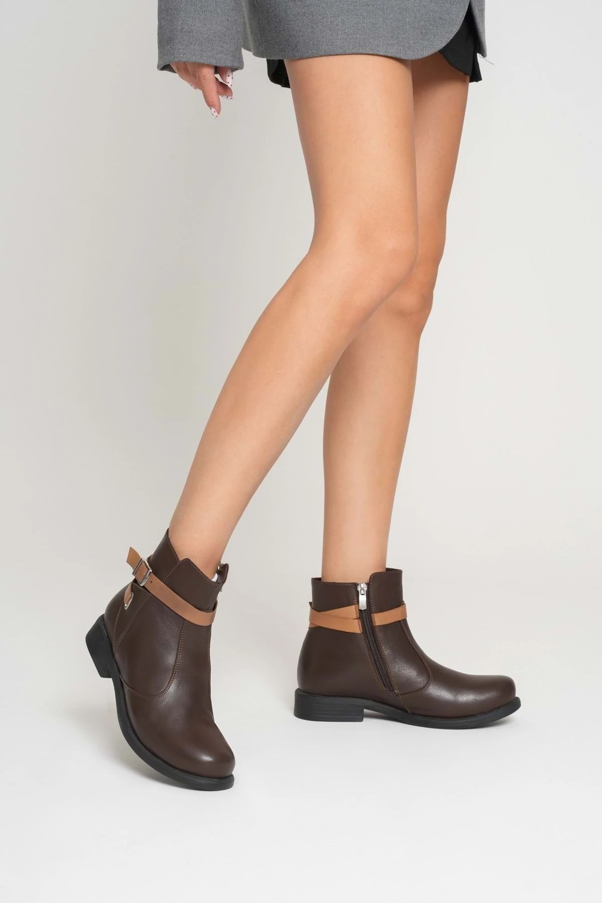 Kadın Hakiki Deri Kemerli Günlük Bot - Kahve