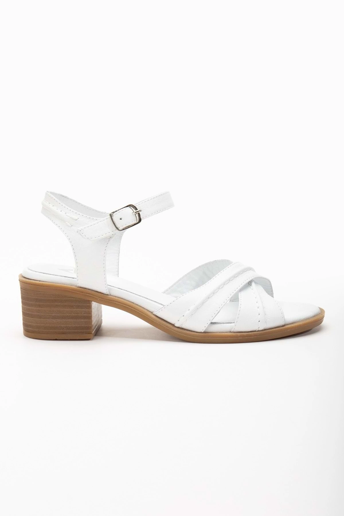 Kadın Hakiki Deri Bilekten Bağlı Önü Çapraz Saraçlı Topuklu Sandalet - BEYAZ